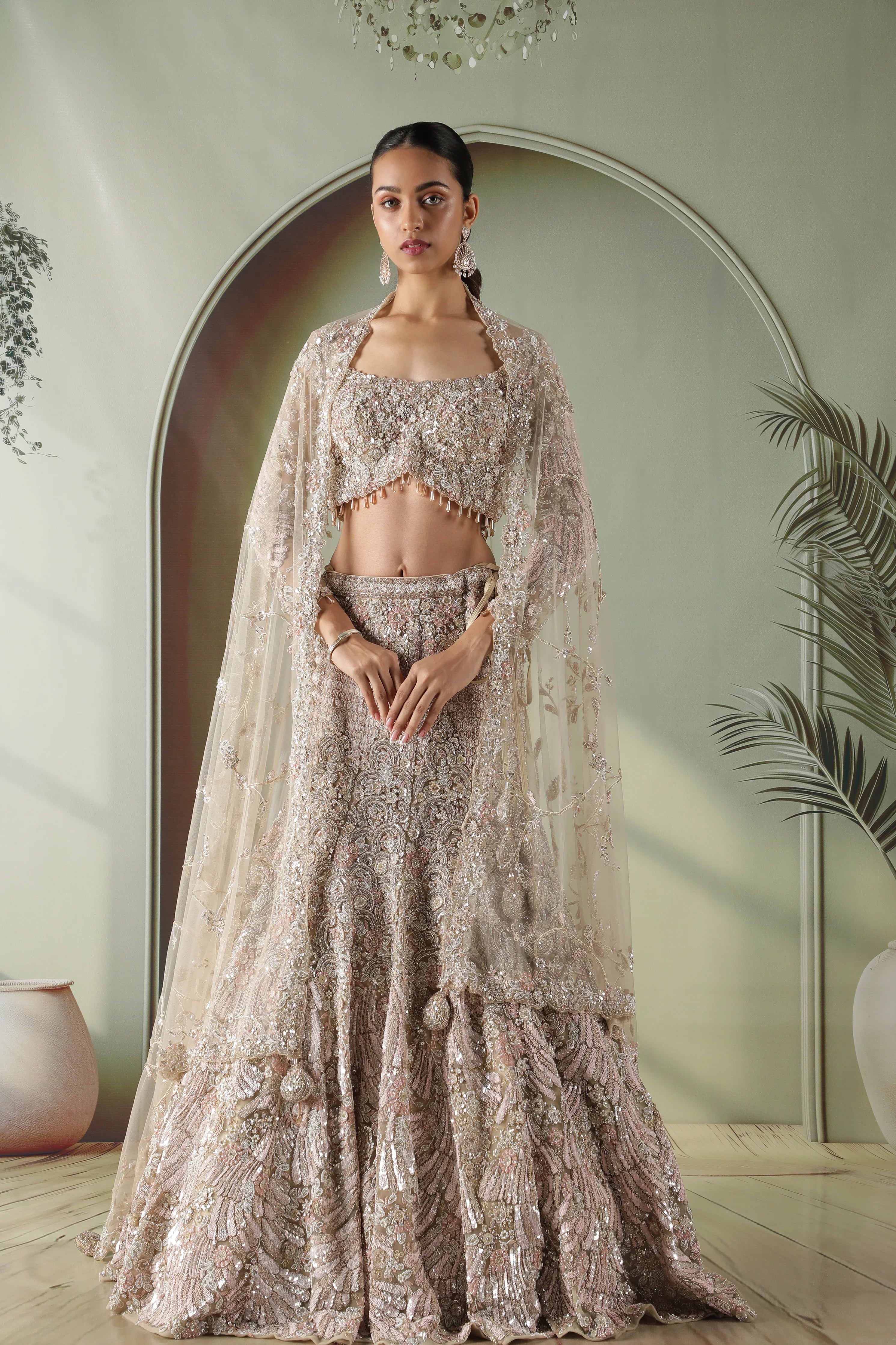 Beige Gold Mermaid Cut Bridal Lehenga Set with Trail - Mokshaa