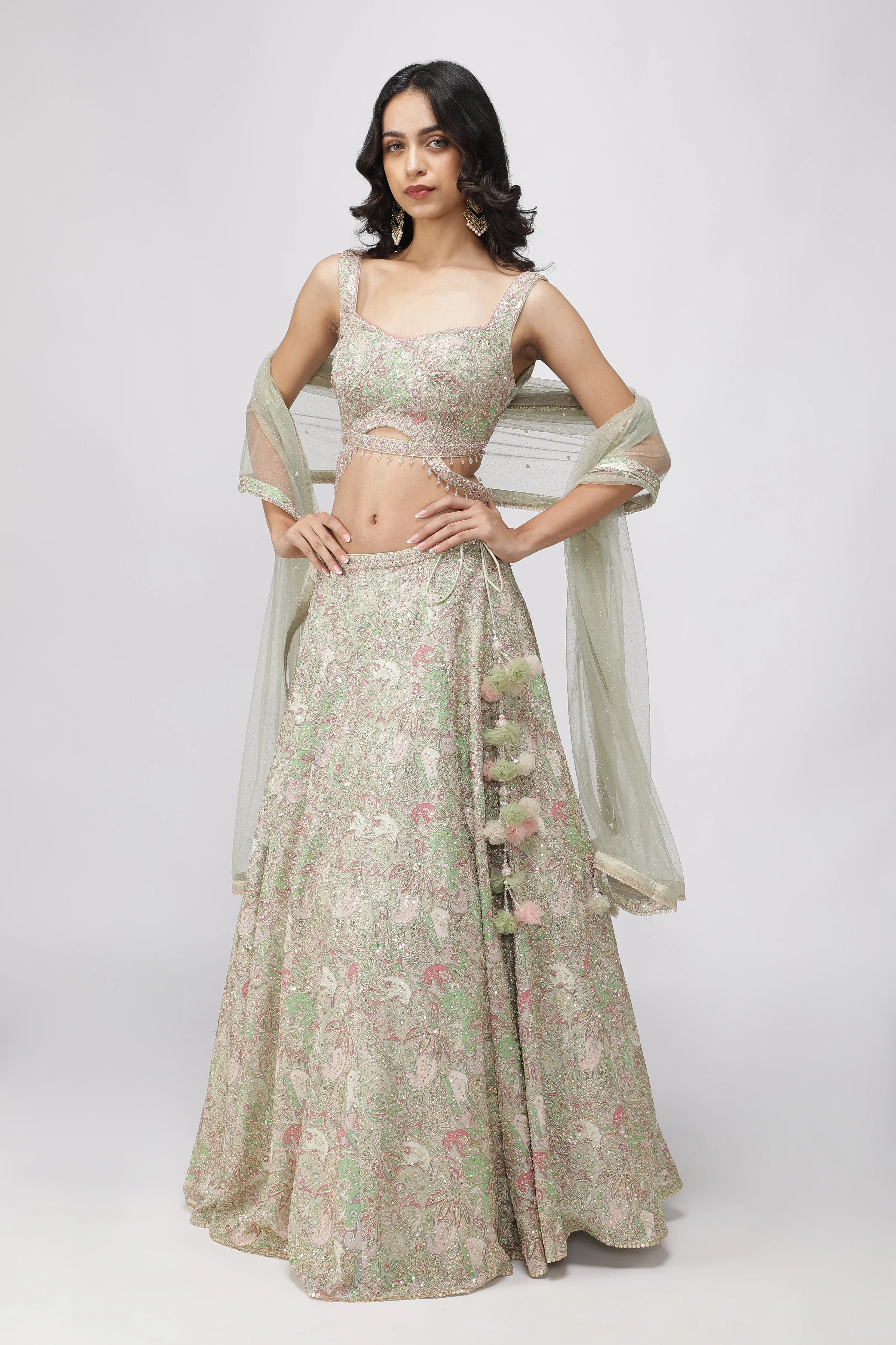 Pastel Green Printed Georgette Lehenga Set with Embellished Blouse - Mokshaa