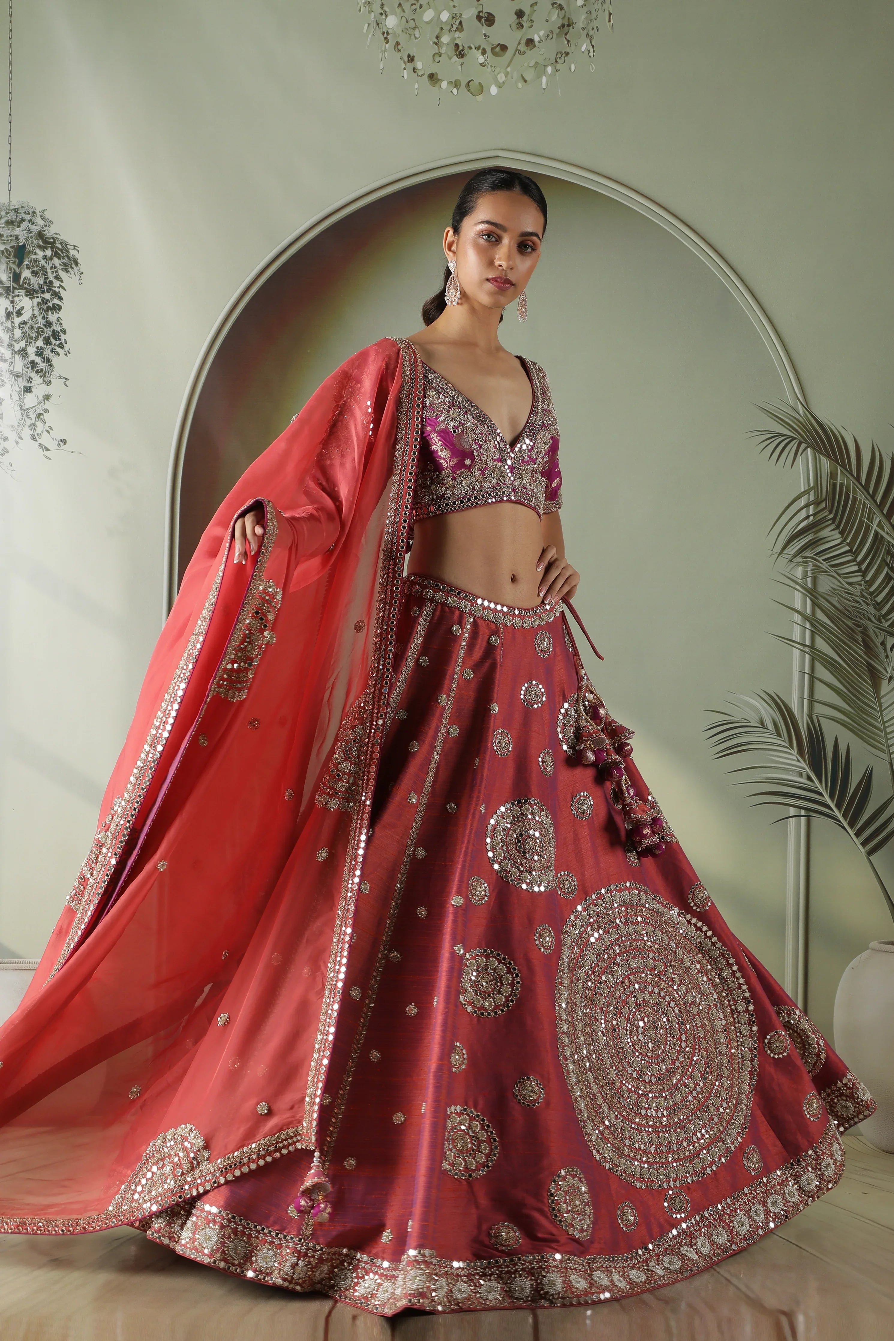 Dark Coral Raw Silk Mirror Work Lehenga Set - Mokshaa