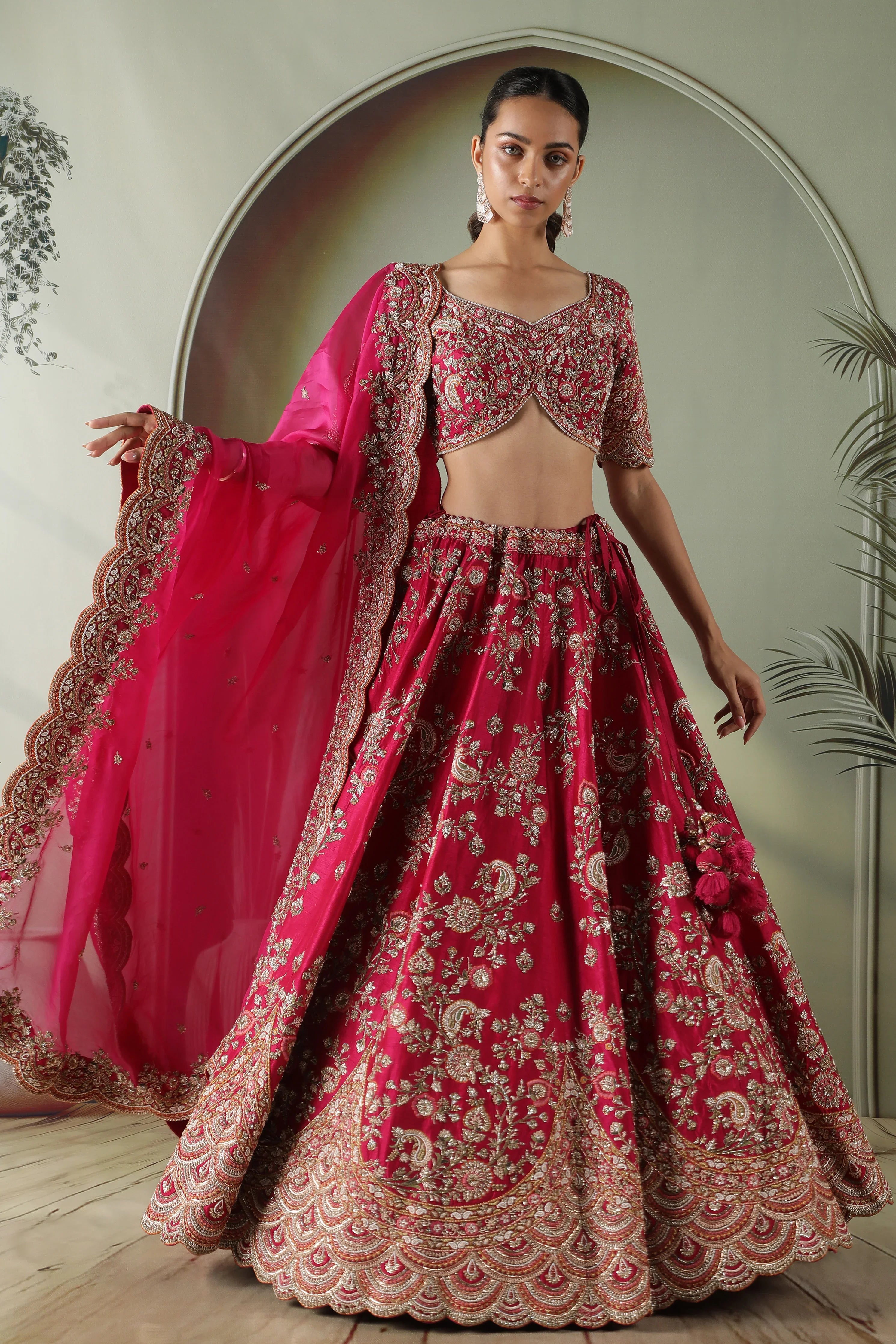 Pink Raw Silk Bridal Lehenga with Organza Dupatta - Mokshaa