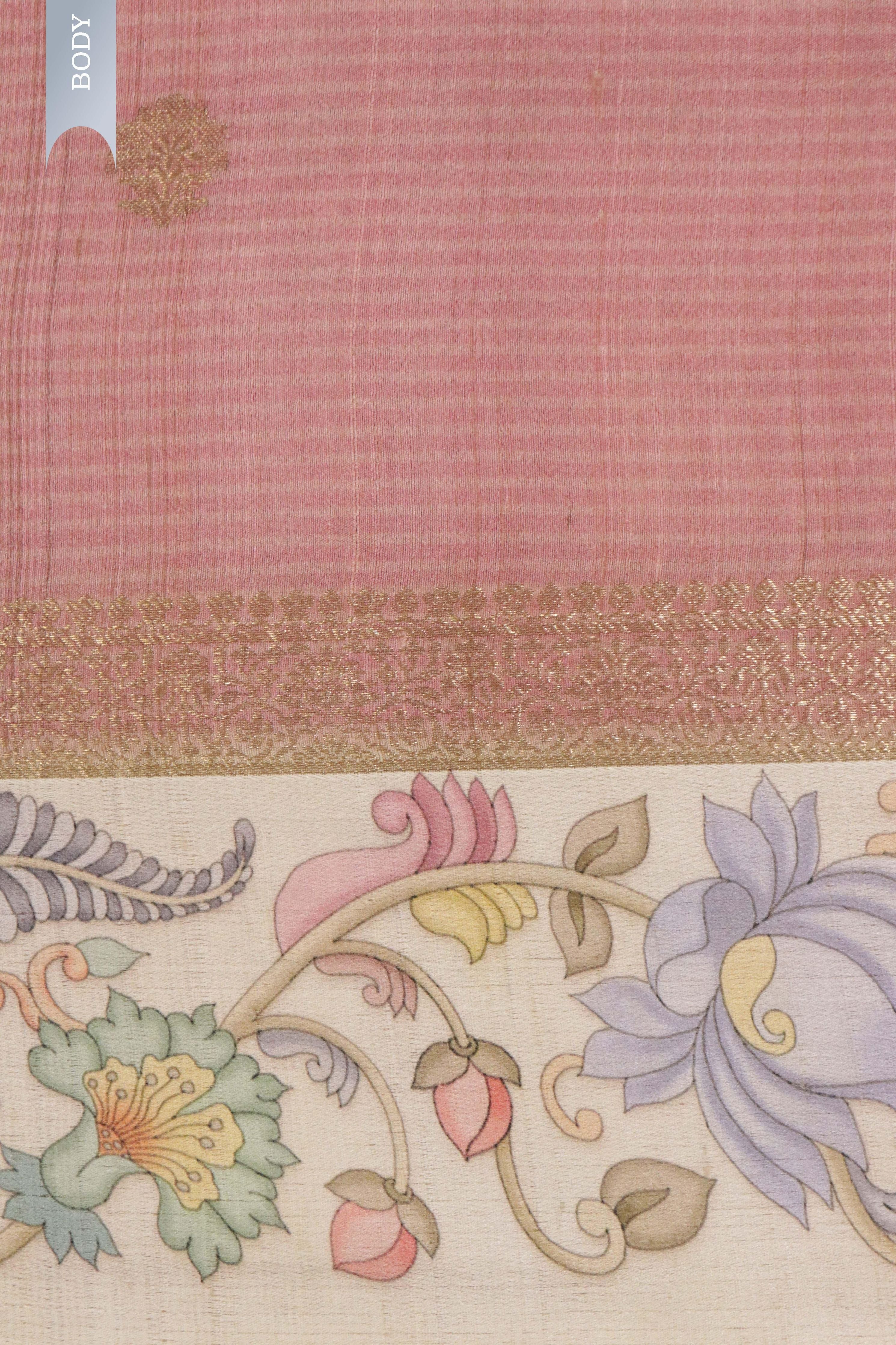 Banaras Tussar Silk Saree in Peach with Zari Motifs & Kalamkari Border - Mokshaa