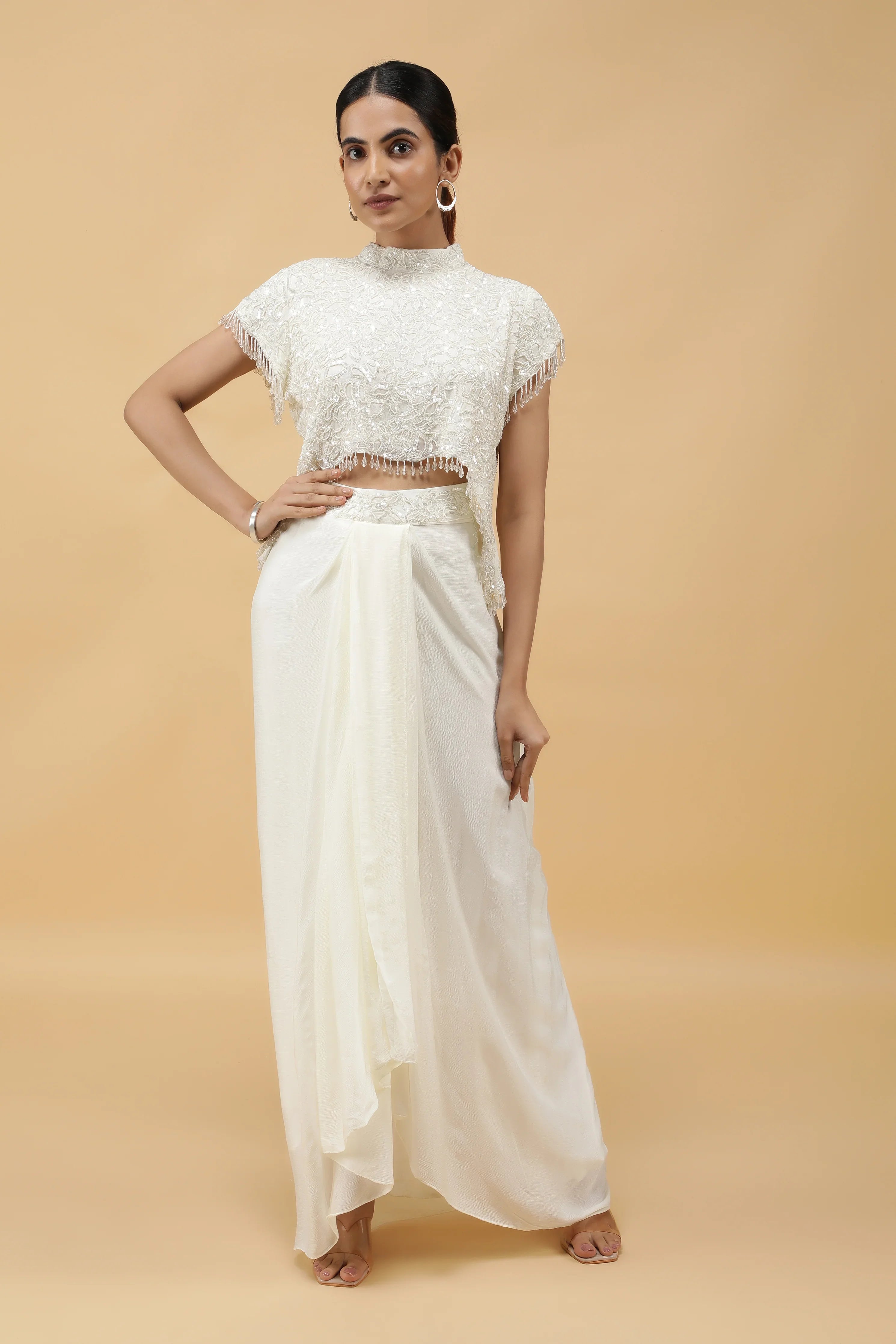 Ivory Gleam Pearl Sequin Crop Top & Draped Skirt Set - Mokshaa