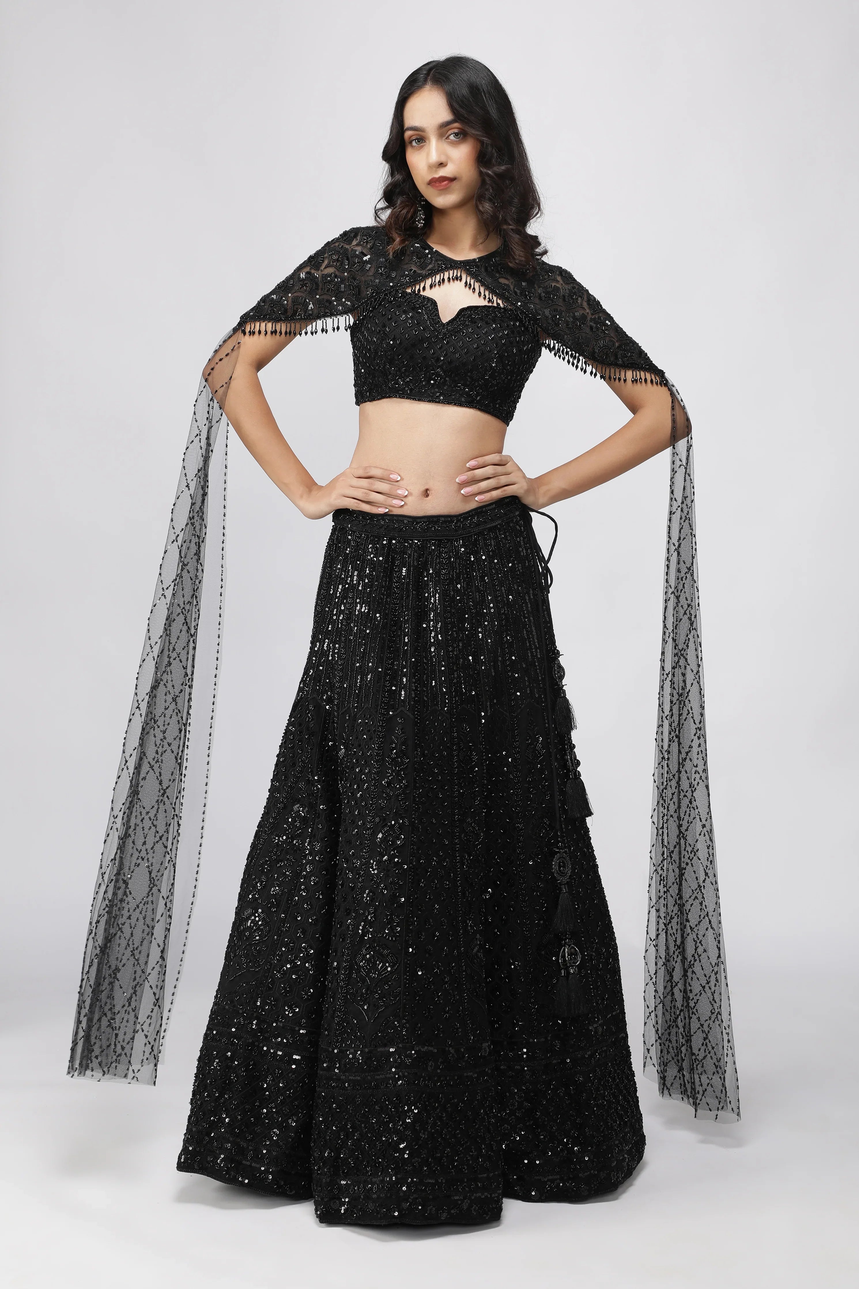 Black Net Embroidered Lehenga Set with Cape Dupatta - Mokshaa