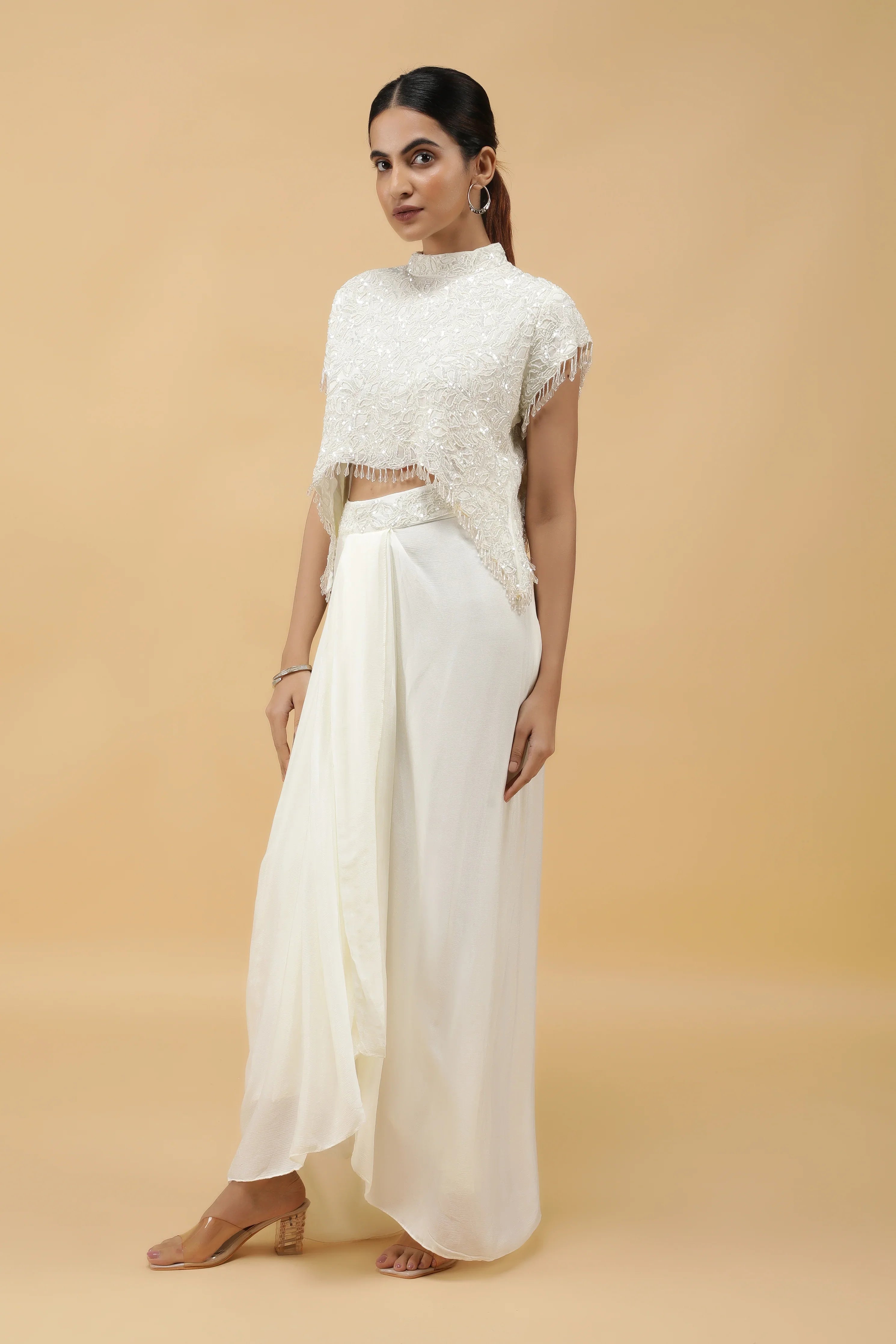 Ivory Gleam Pearl Sequin Crop Top & Draped Skirt Set - Mokshaa