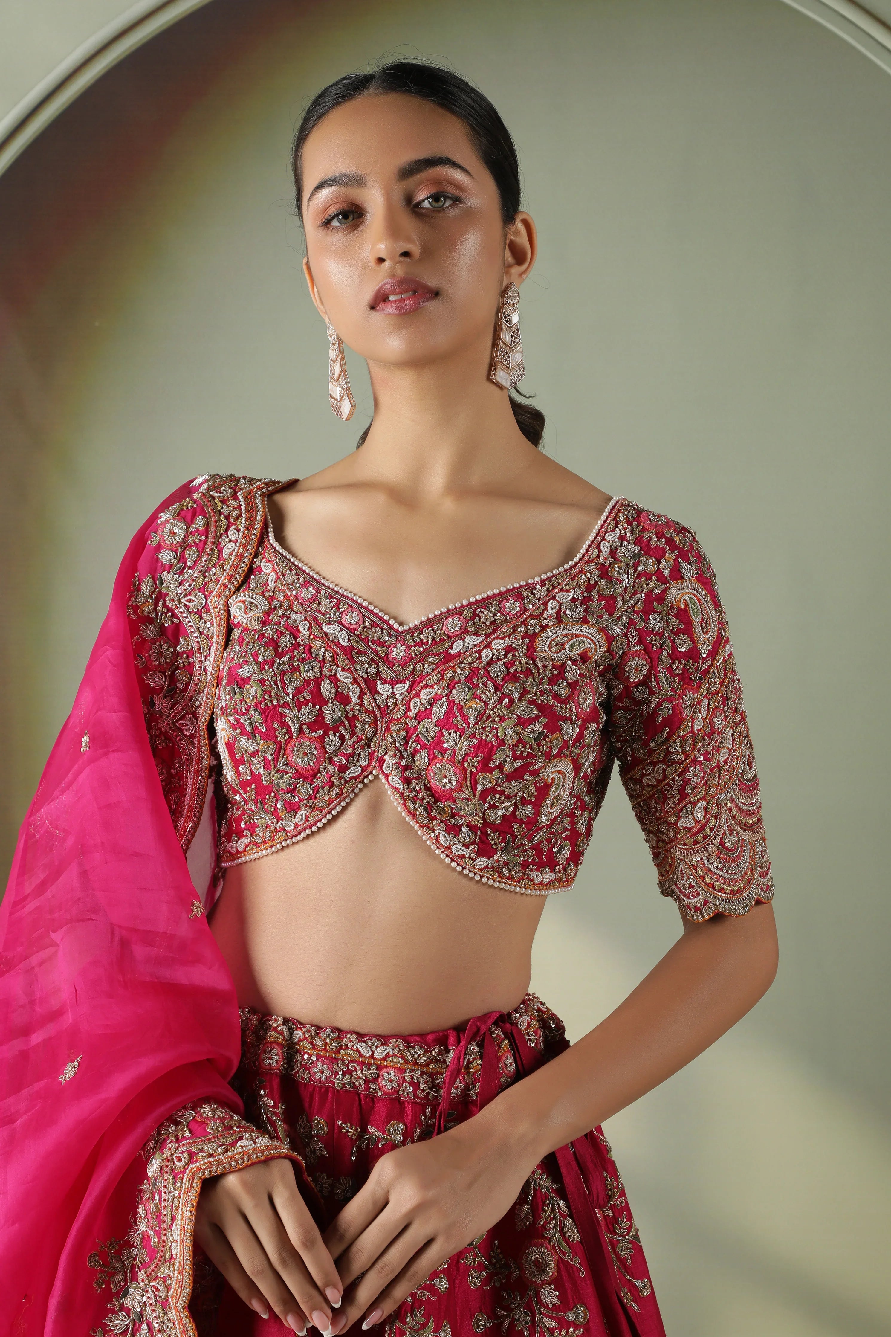 Pink Raw Silk Bridal Lehenga with Organza Dupatta - Mokshaa