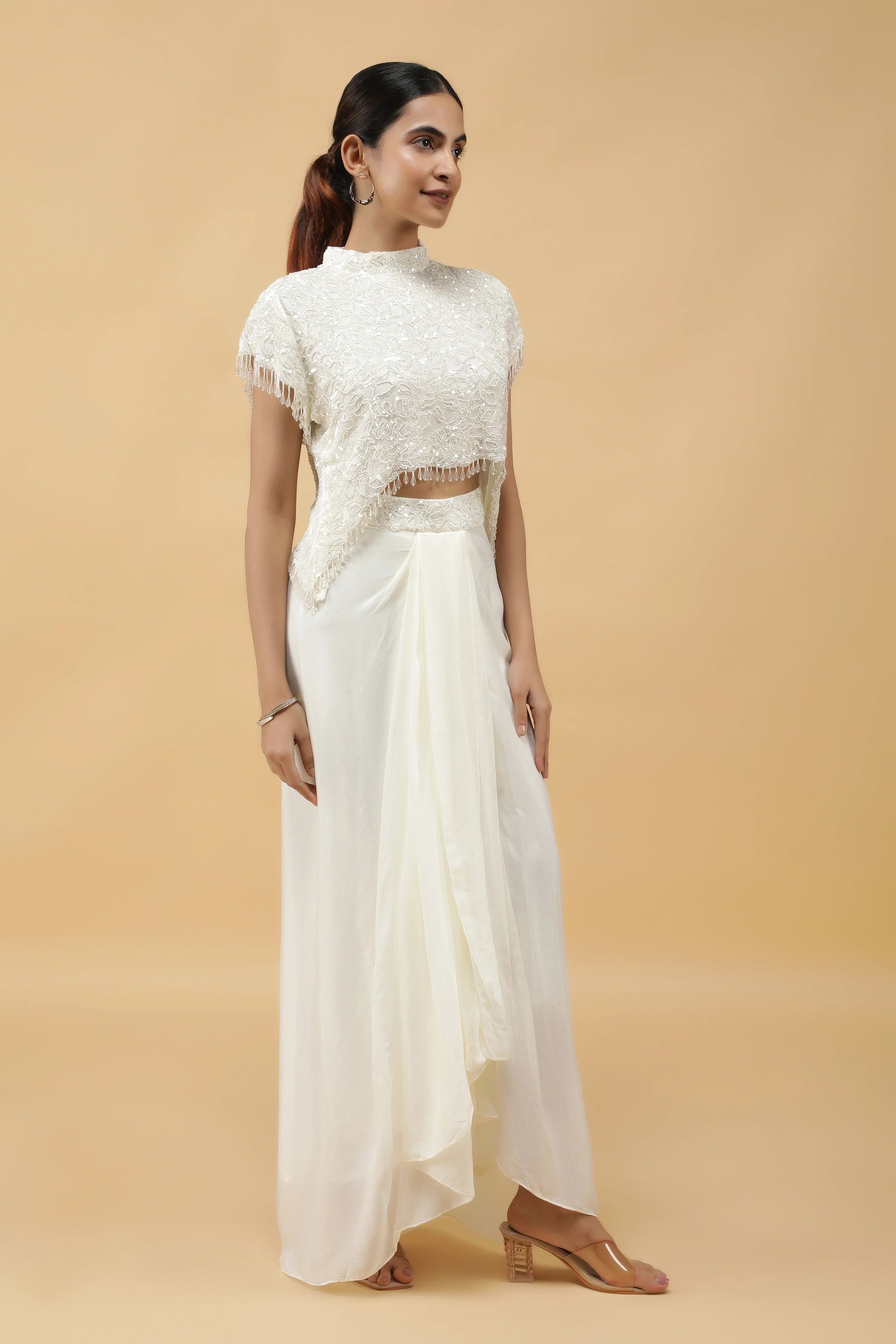 Ivory Gleam Pearl Sequin Crop Top & Draped Skirt Set - Mokshaa