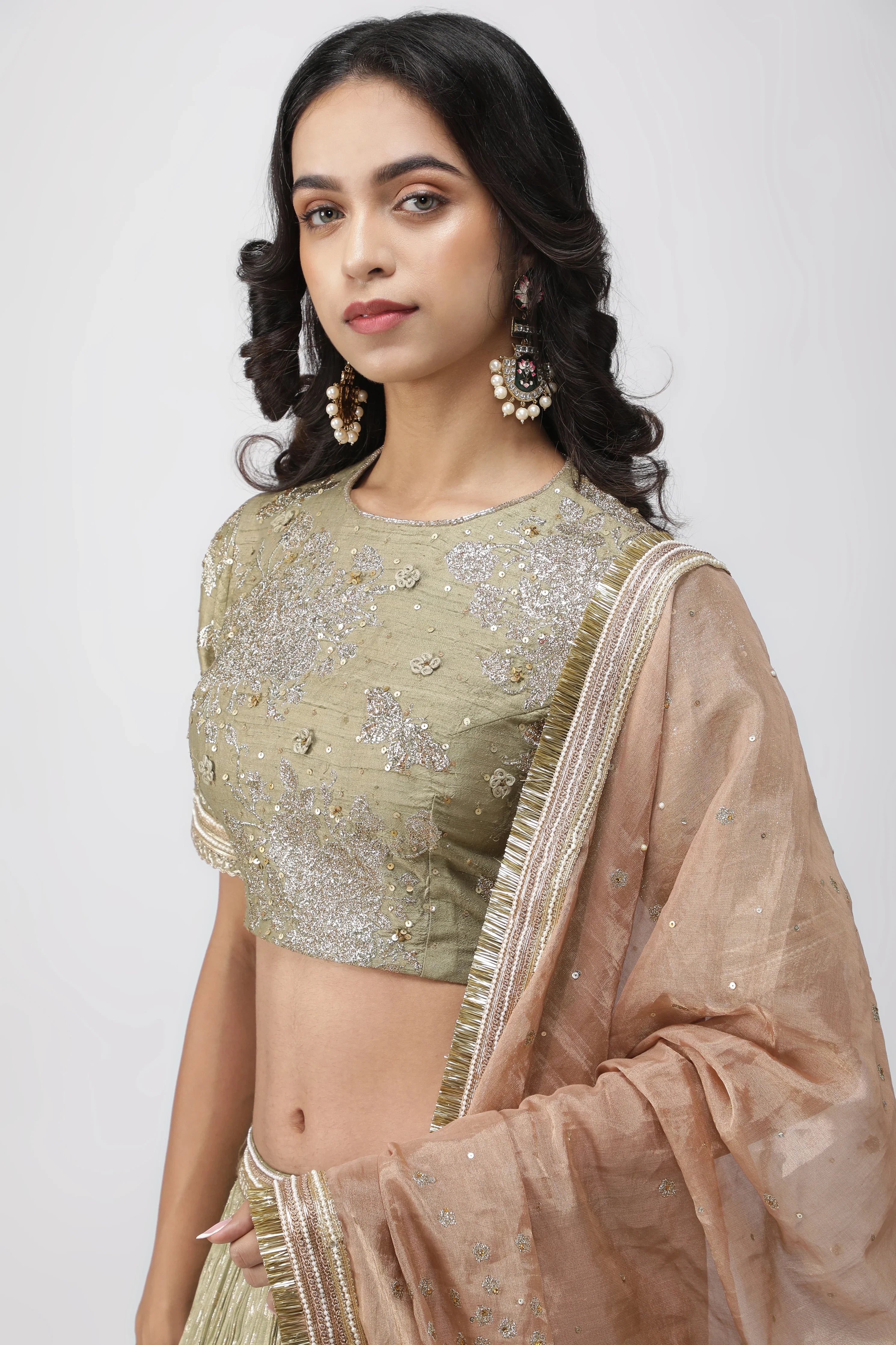 Green Chanderi Tissue Lehenga with Zari and Sequins Embroidery - Mokshaa