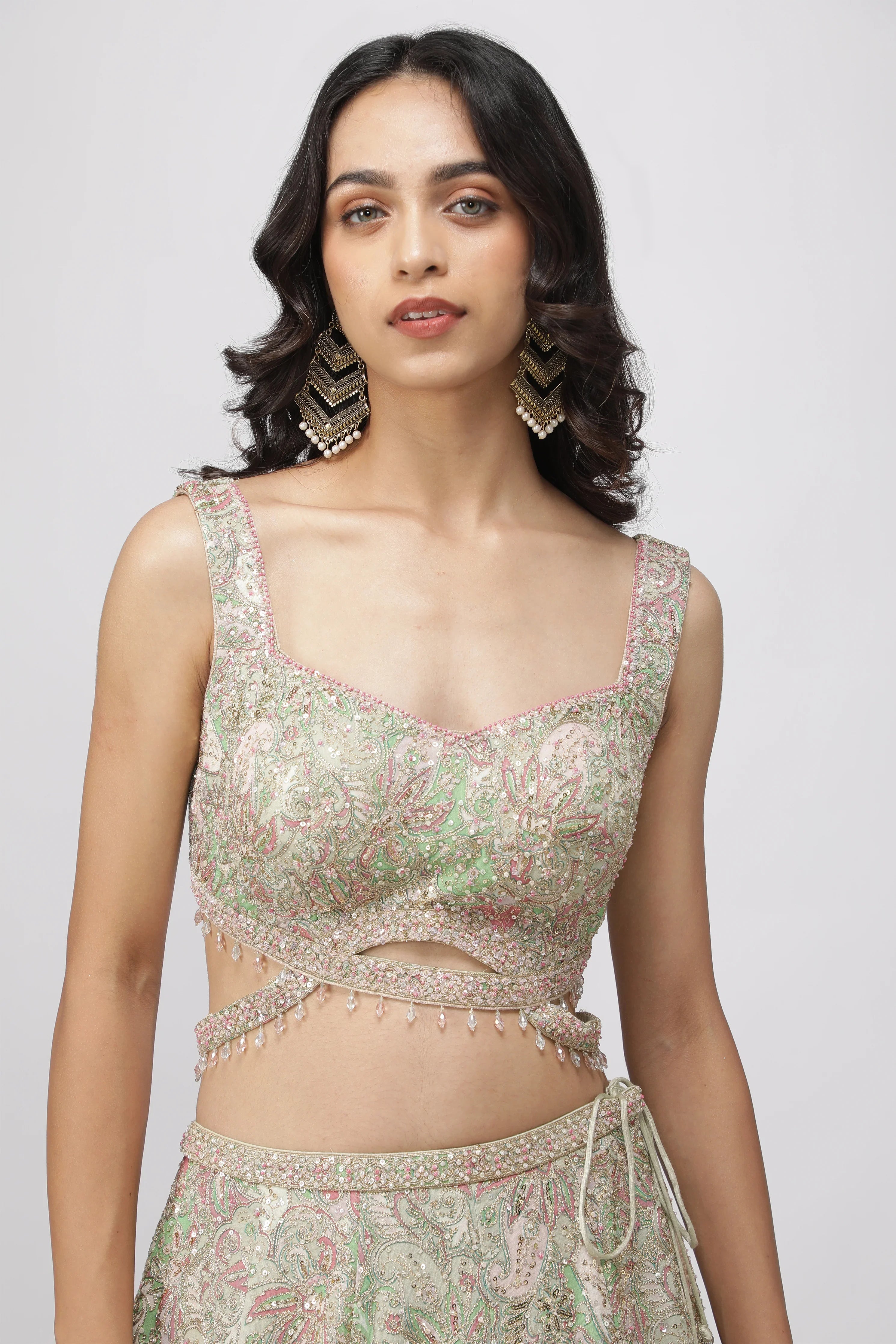 Pastel Green Printed Georgette Lehenga Set with Embellished Blouse - Mokshaa