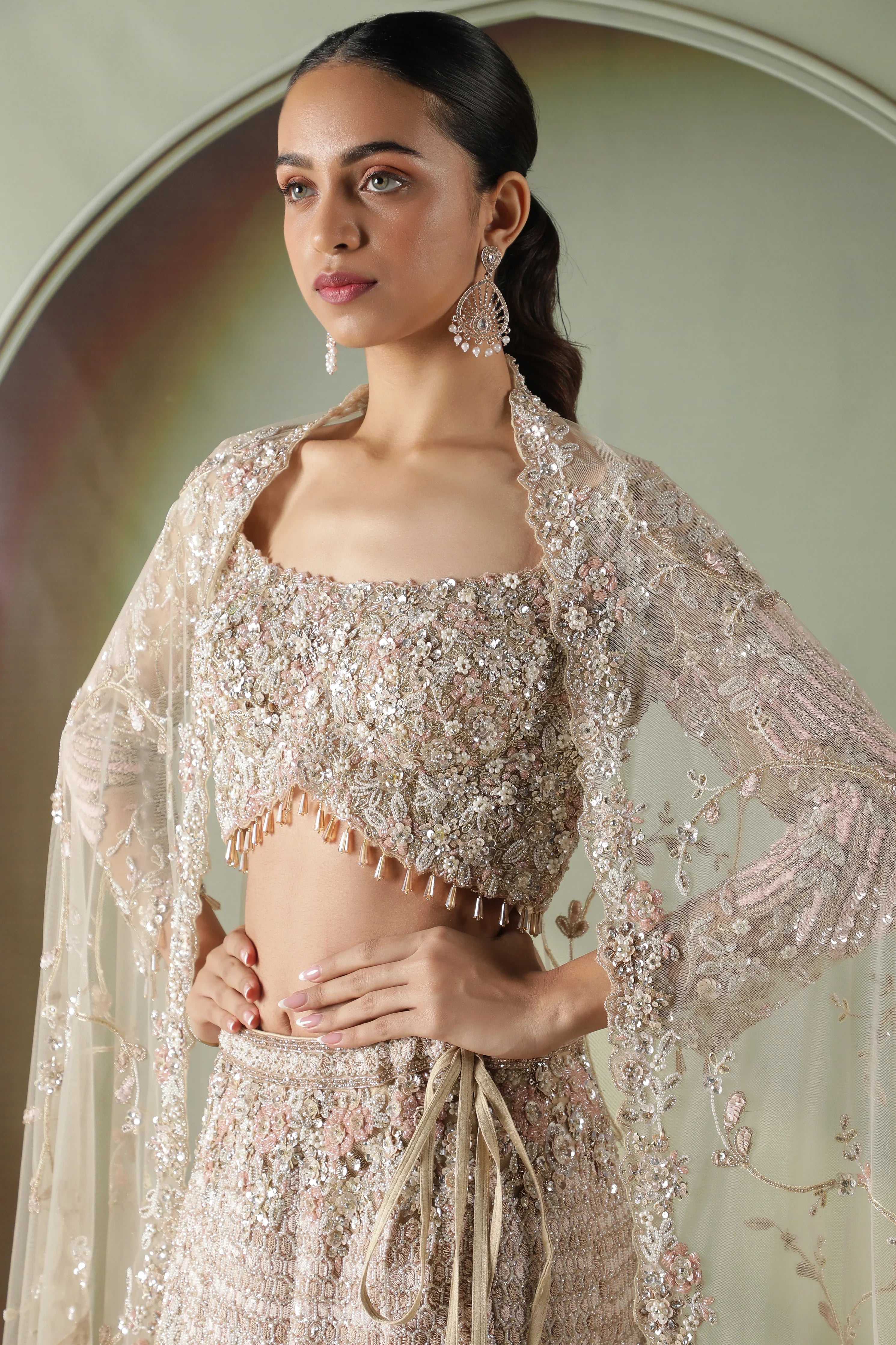 Beige Gold Mermaid Cut Bridal Lehenga Set with Trail - Mokshaa