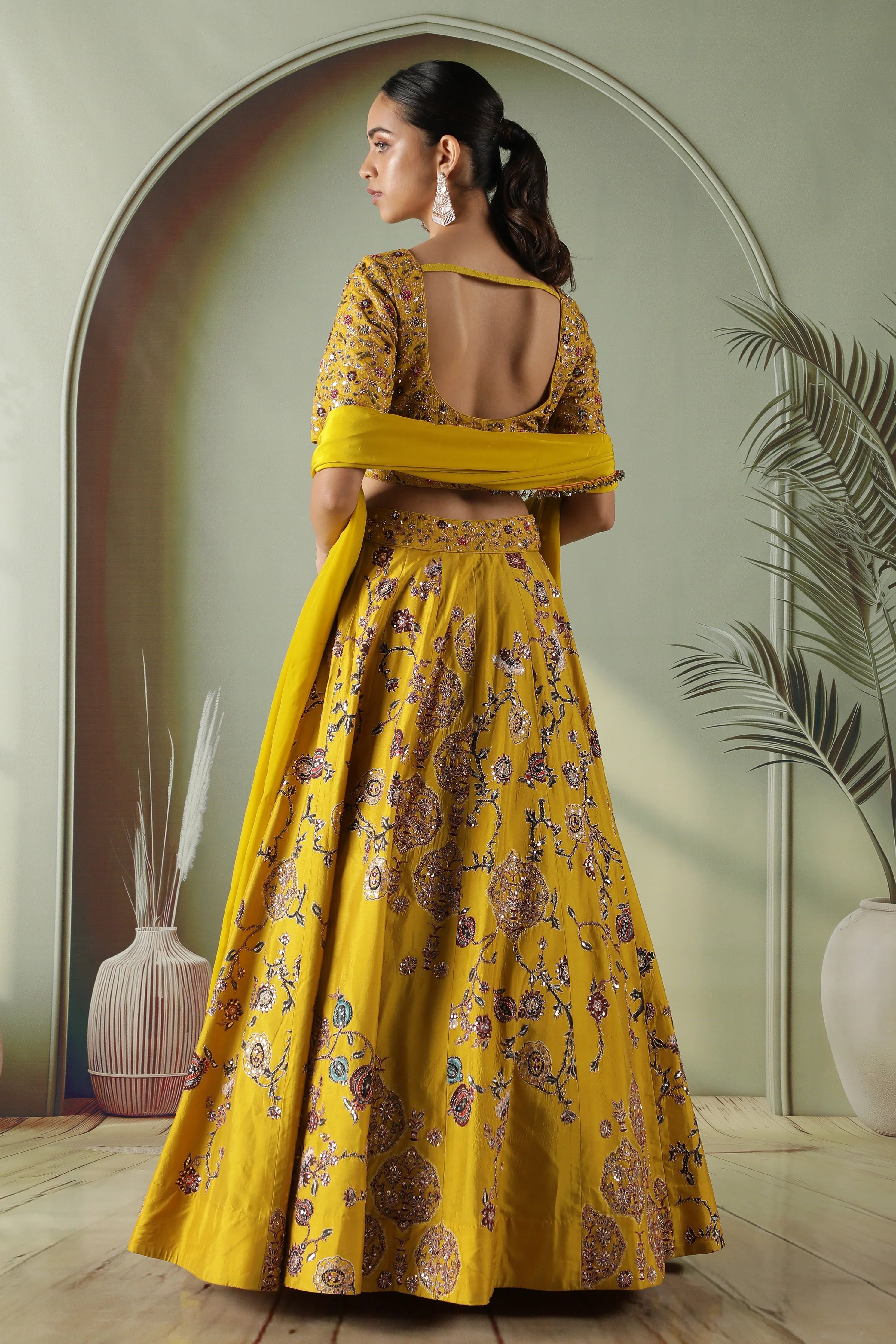 Yellow Printed Silk Lehenga Set - Mokshaa