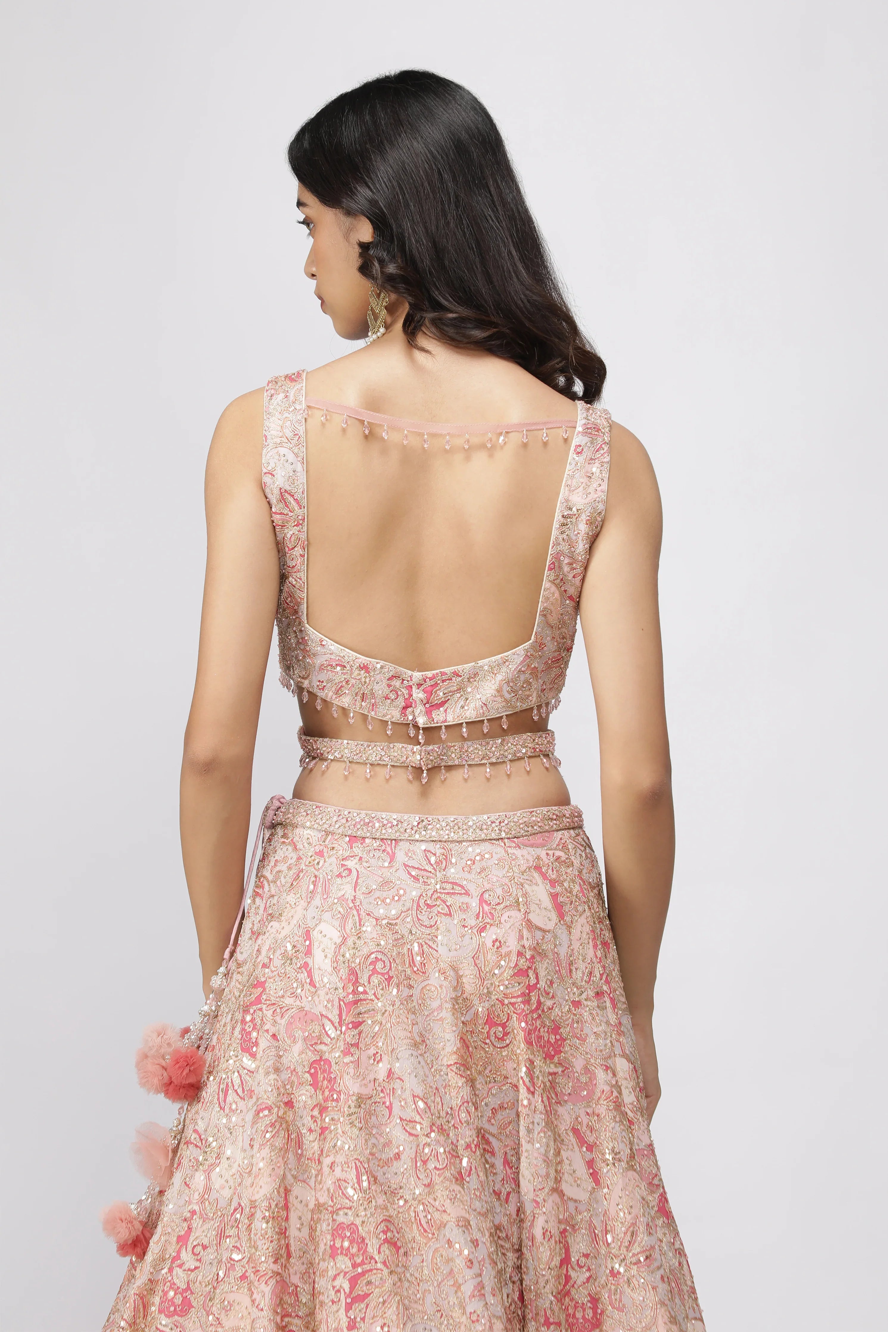 Peach Printed Georgette Lehenga Set with Net Dupatta - Mokshaa