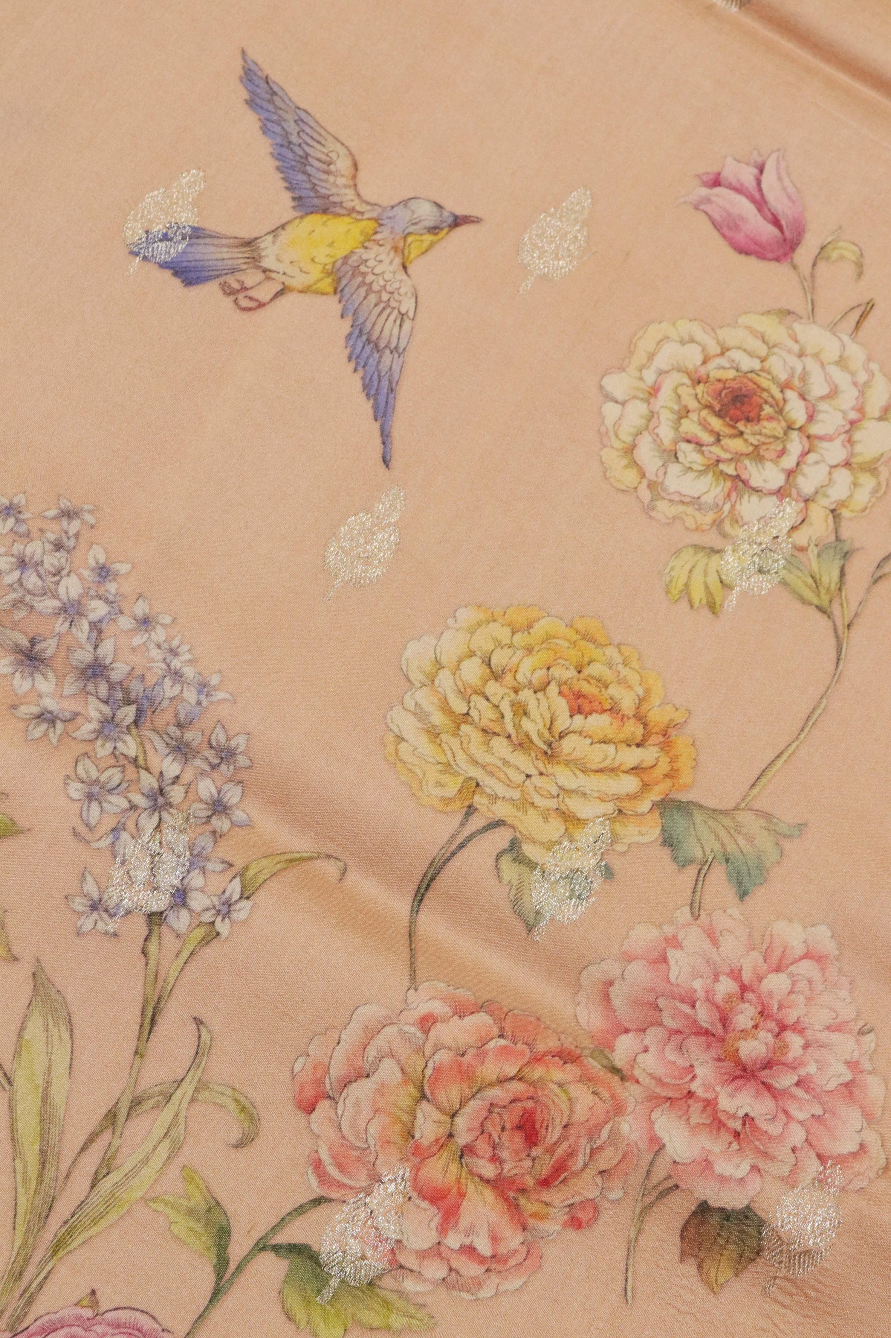 Tussar Silk Saree in Peach with Floral Print & Zari Border - Mokshaa