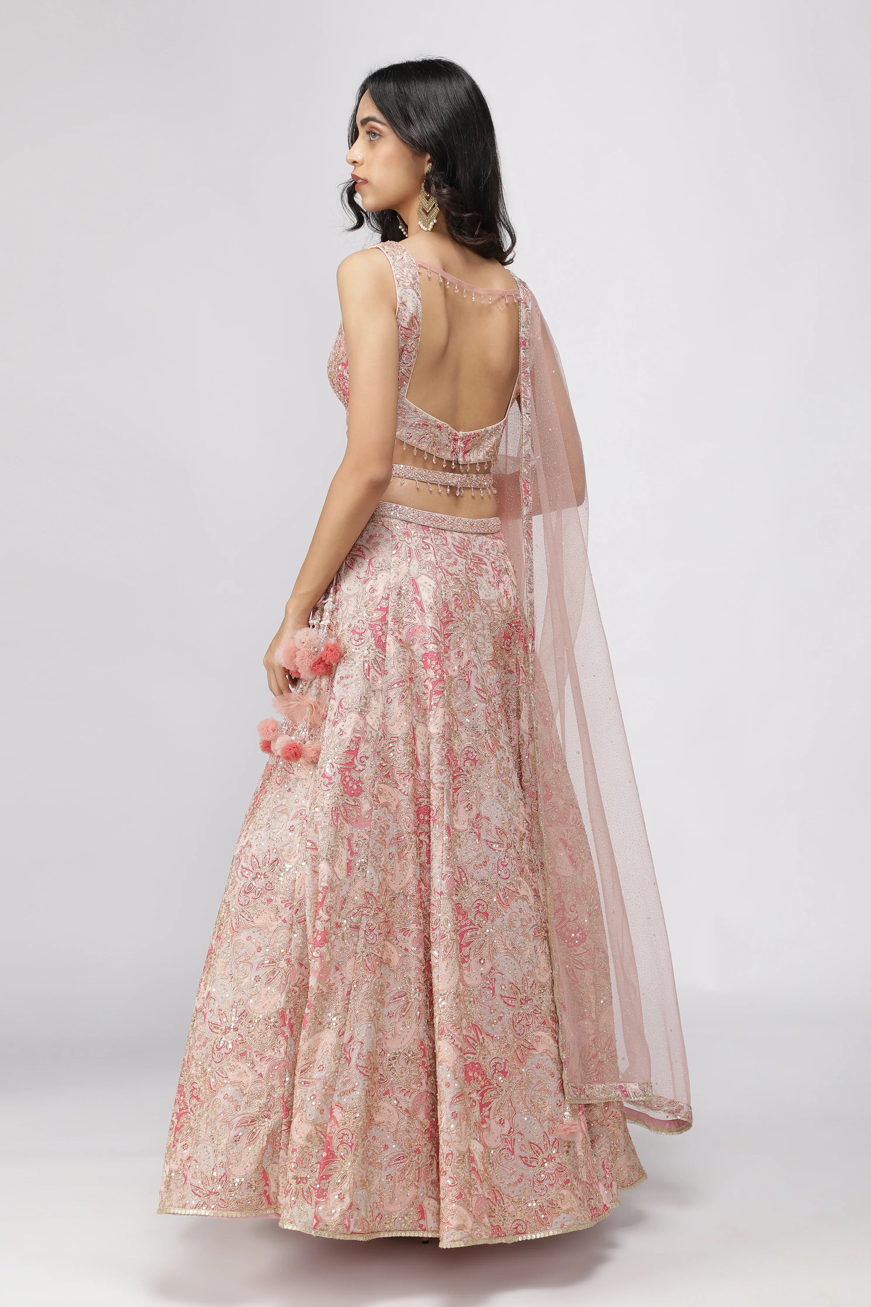 Peach Printed Georgette Lehenga Set with Net Dupatta - Mokshaa