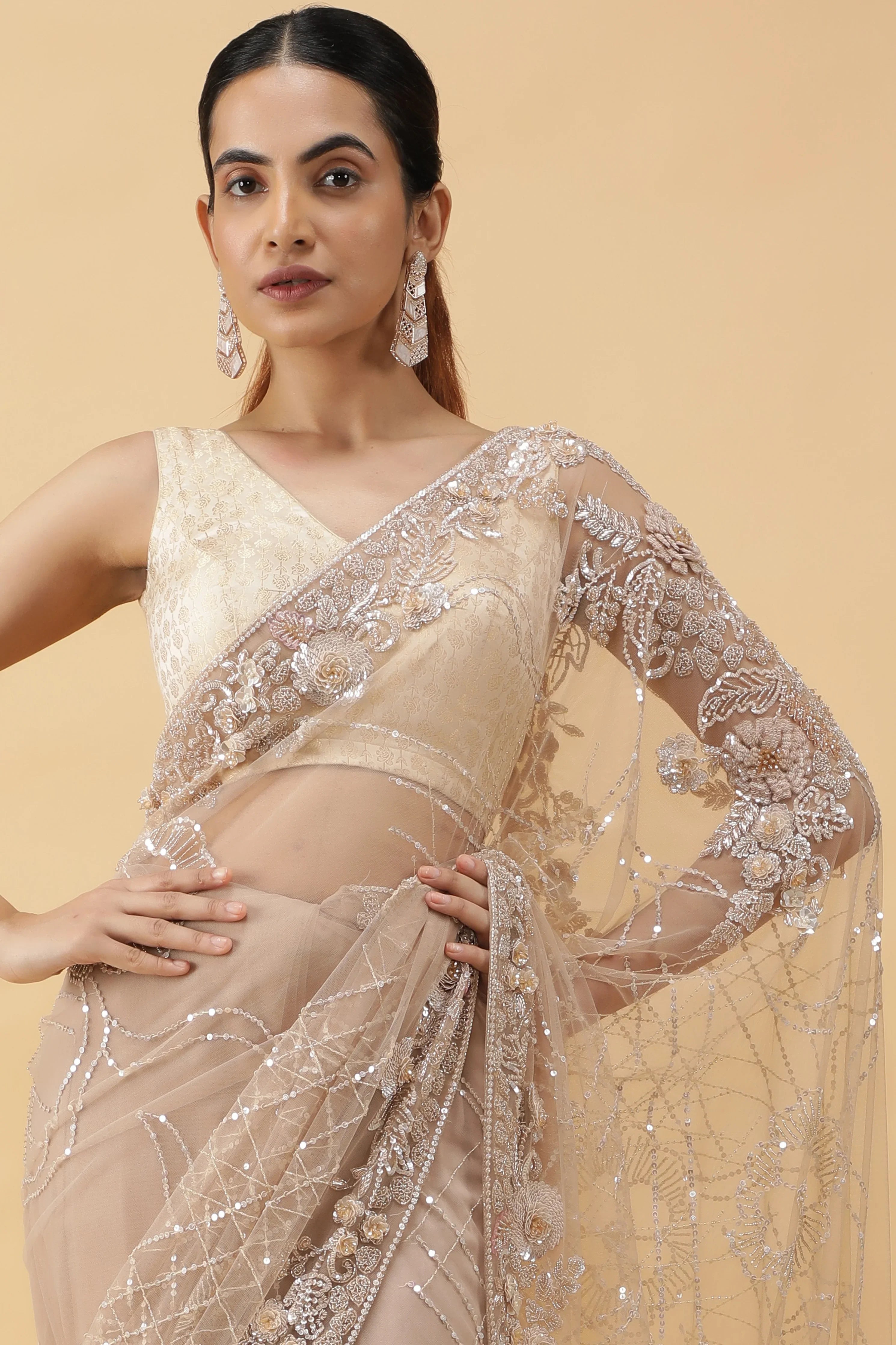 Beige Net Saree with All Over Sequins Work - Mokshaa