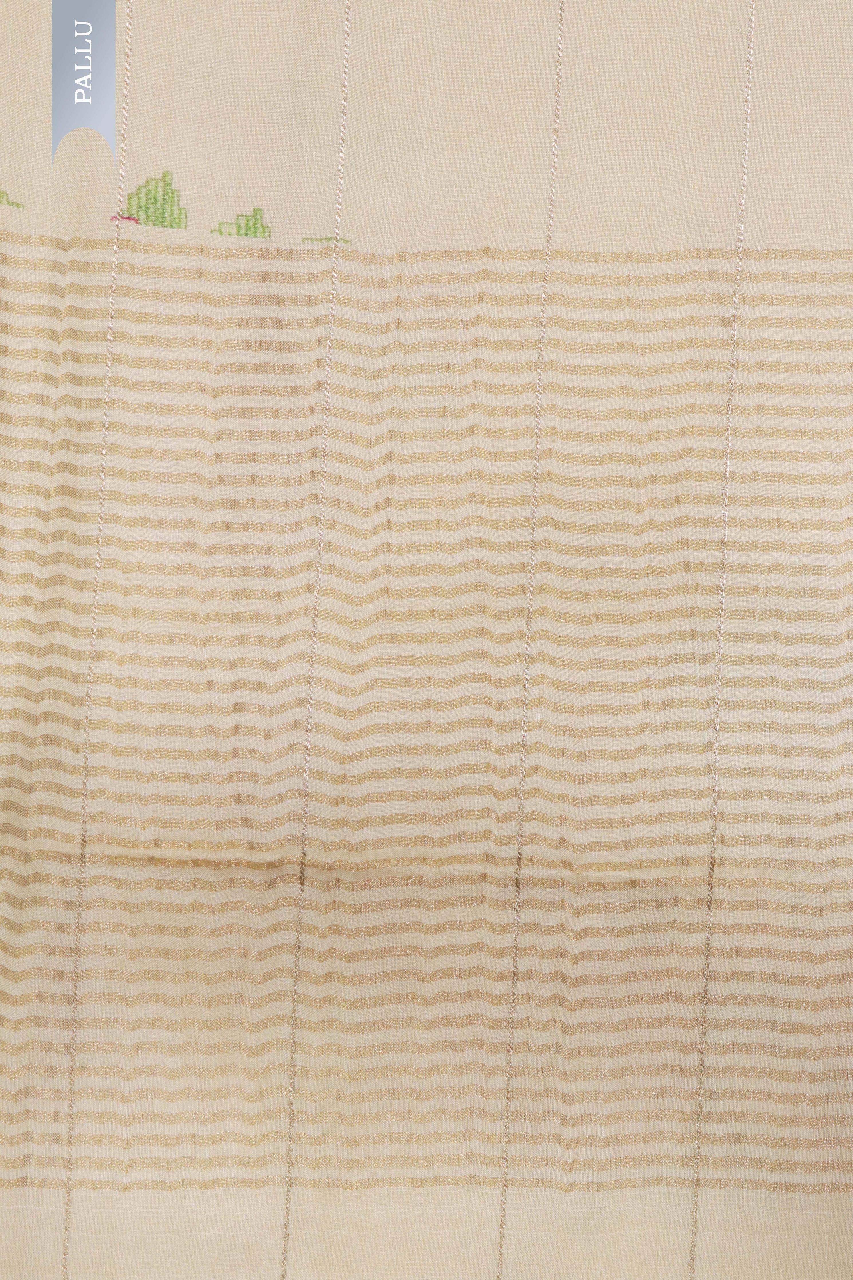 Cream Tussar Silk Saree with Golden Zari Stripes & Floral Print - Mokshaa