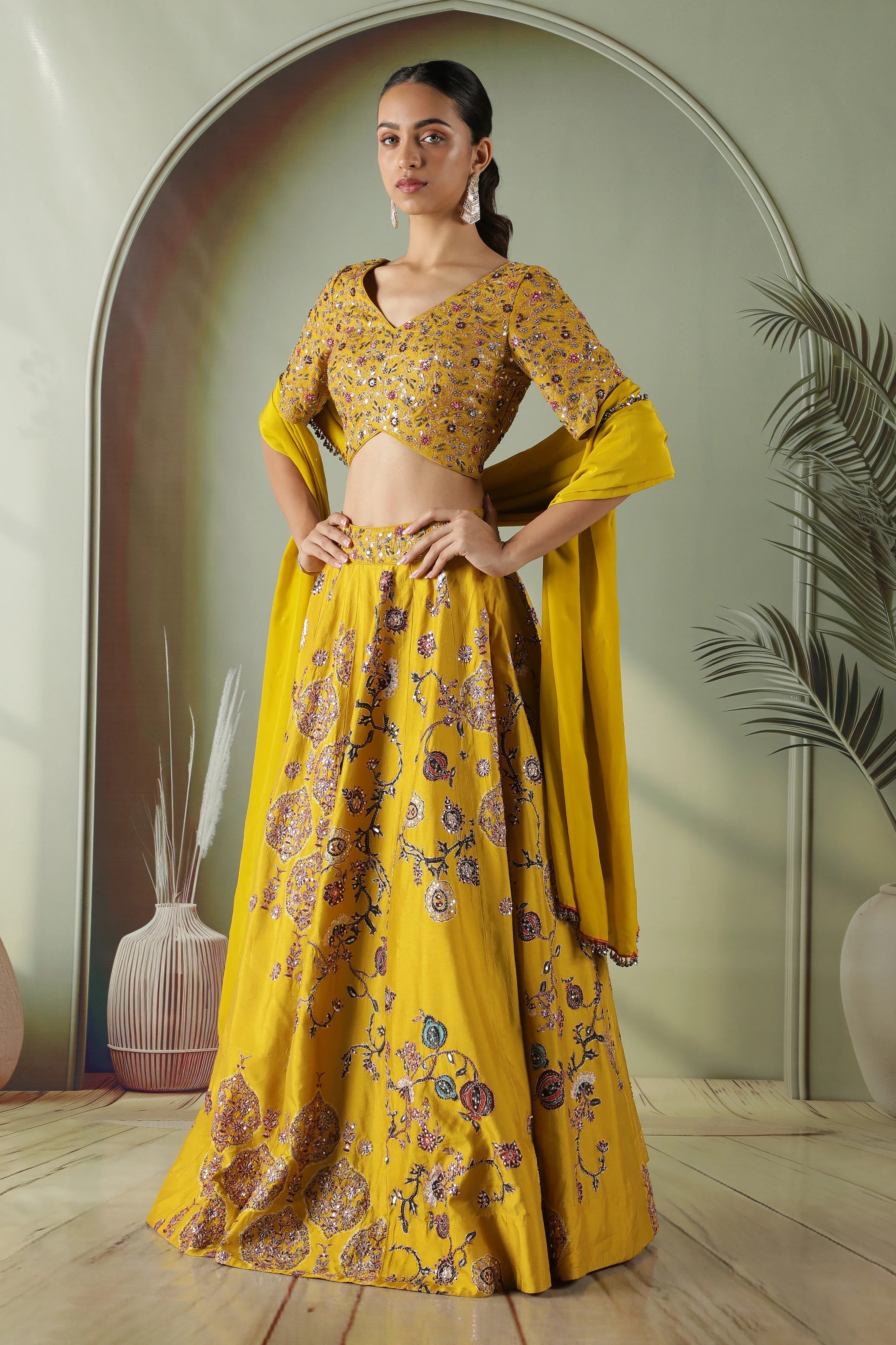 Yellow Printed Silk Lehenga Set - Mokshaa