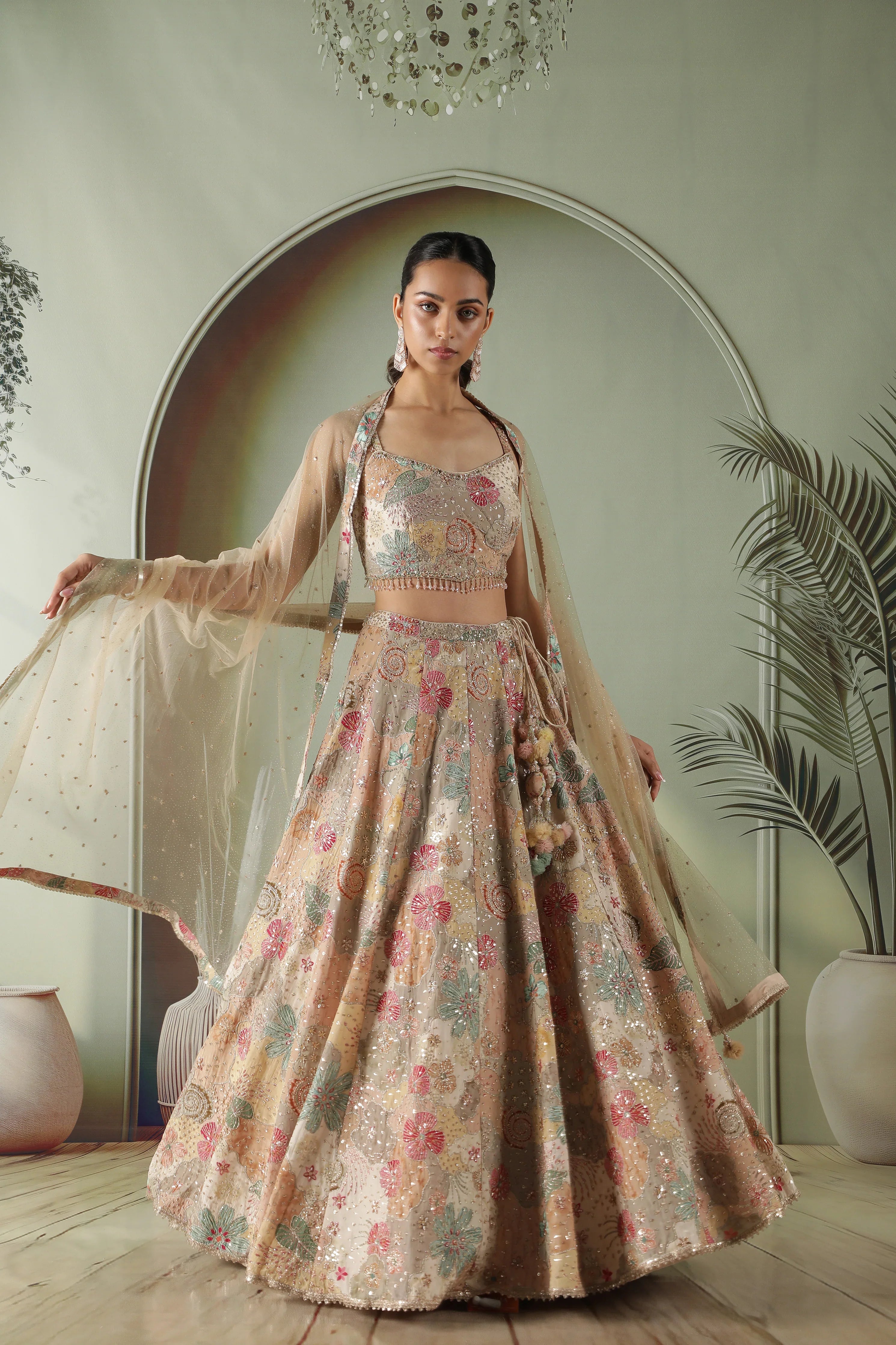 Beige Printed Silk Lehenga Set - Mokshaa