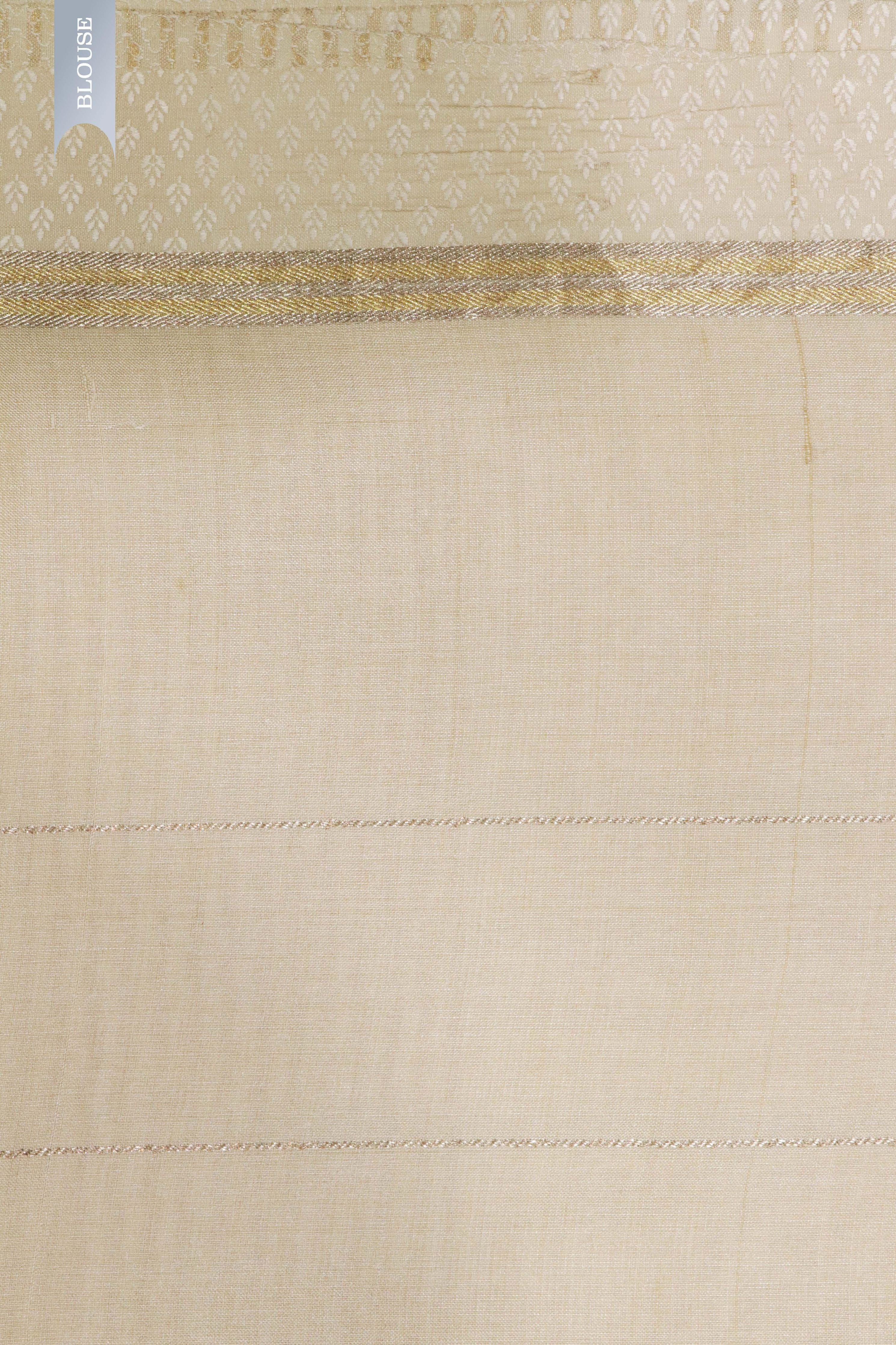 Cream Tussar Silk Saree with Golden Zari Stripes & Floral Print - Mokshaa