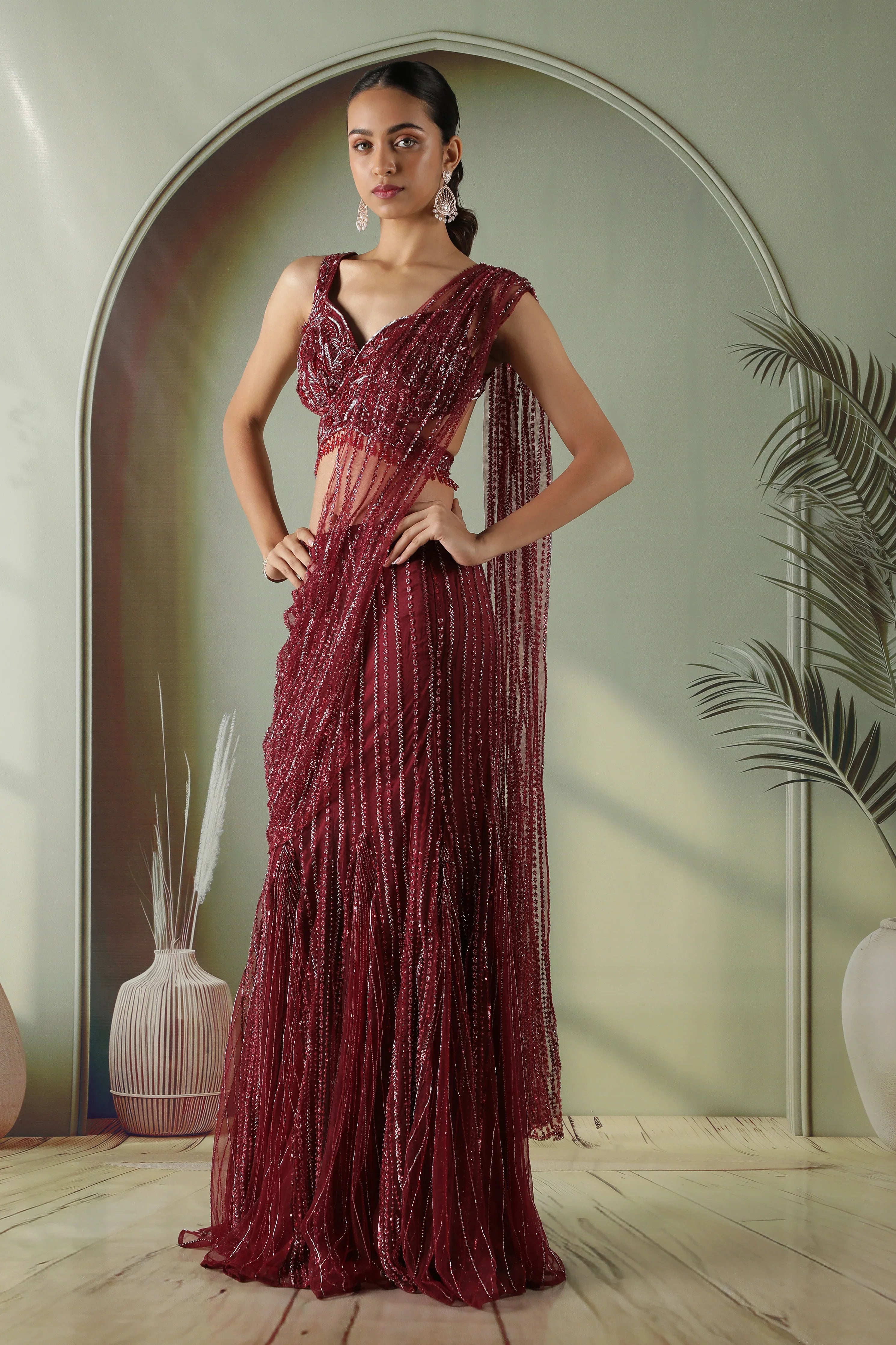 Wine Red Mermaid Cut Draped Net Skirt Set - Mokshaa