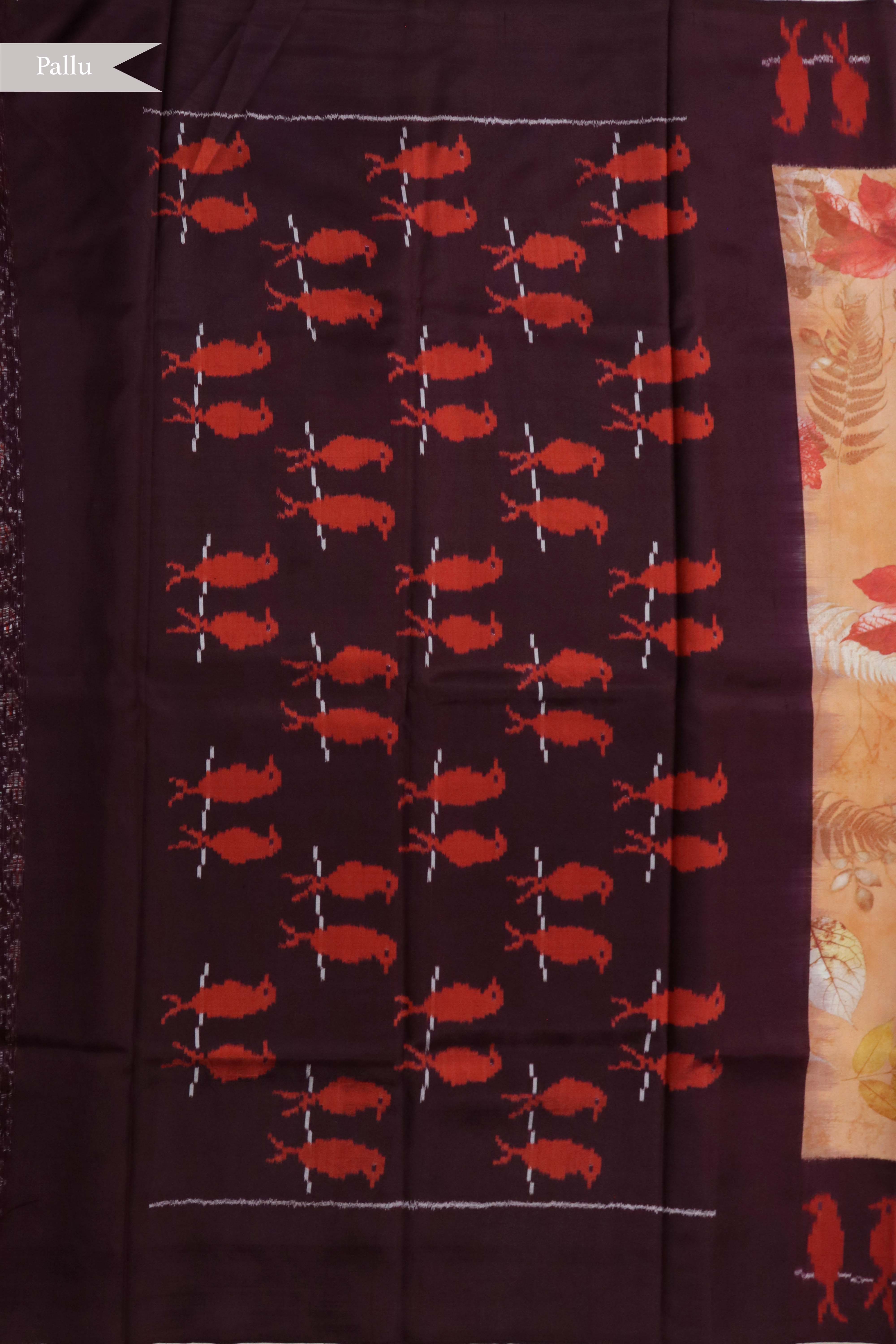 Orange Printed Silk Saree with Ikat Border