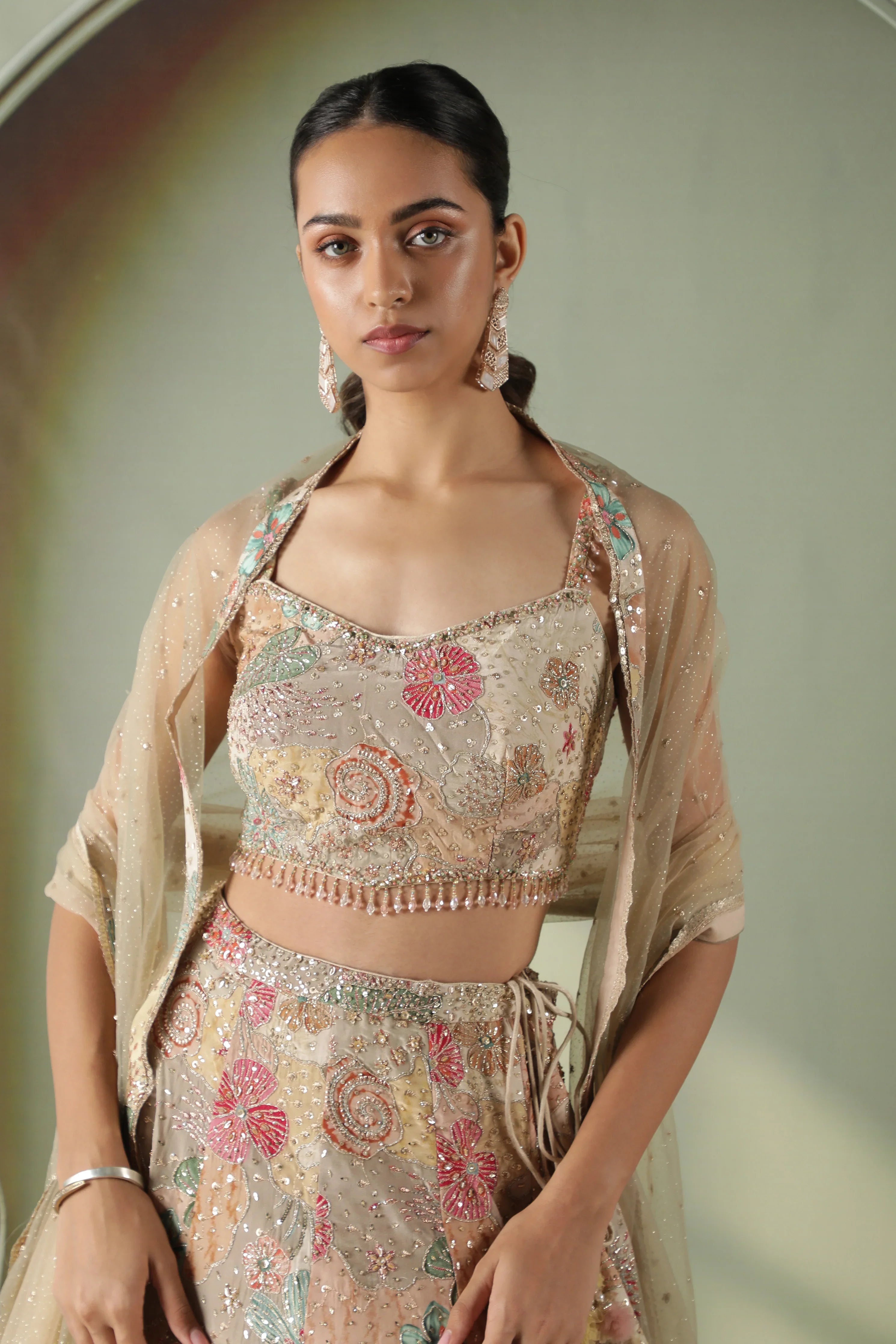 Beige Printed Silk Lehenga Set - Mokshaa