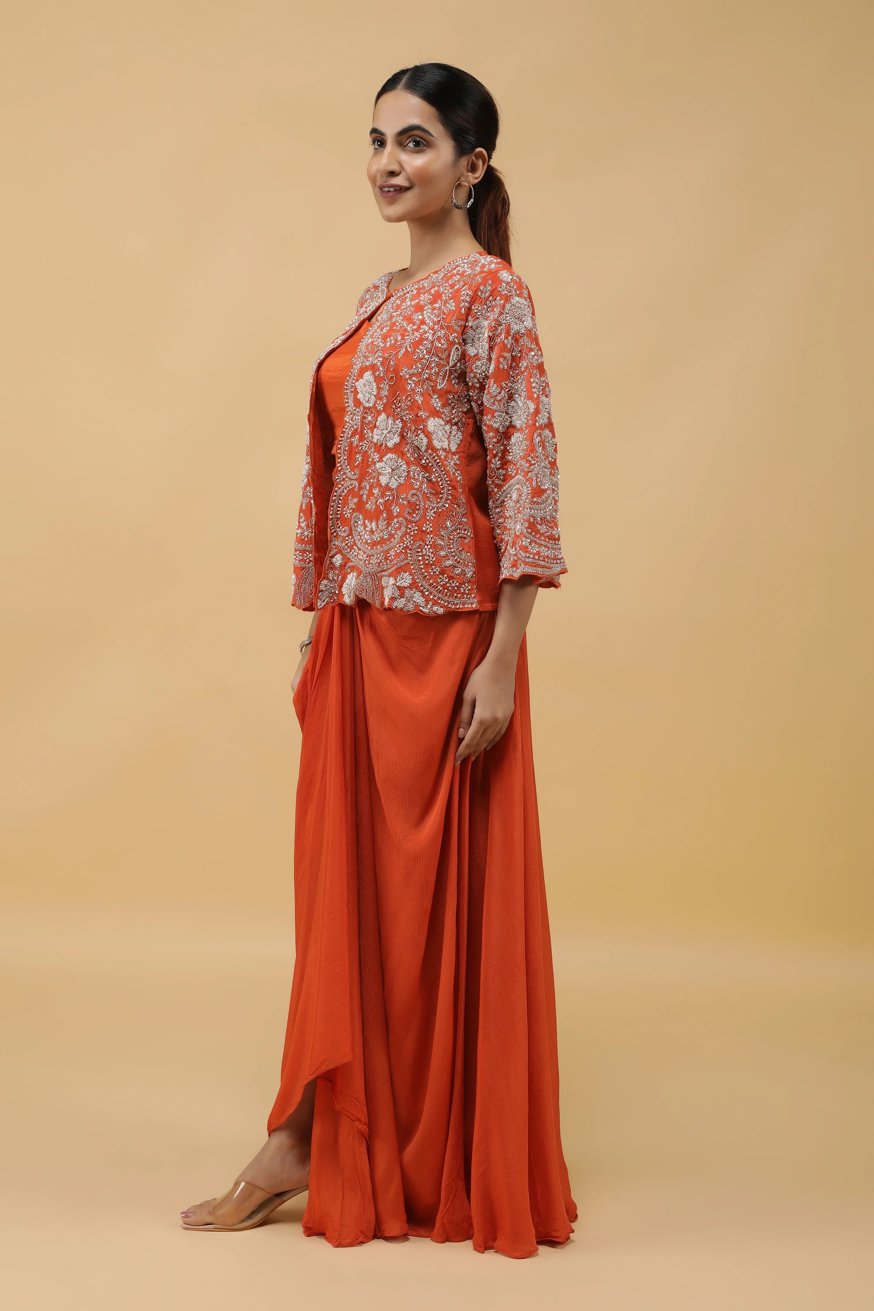Saffron Luxe Kutdana Embroidered Crop Top, Draped Skirt & Jacket Set - Mokshaa