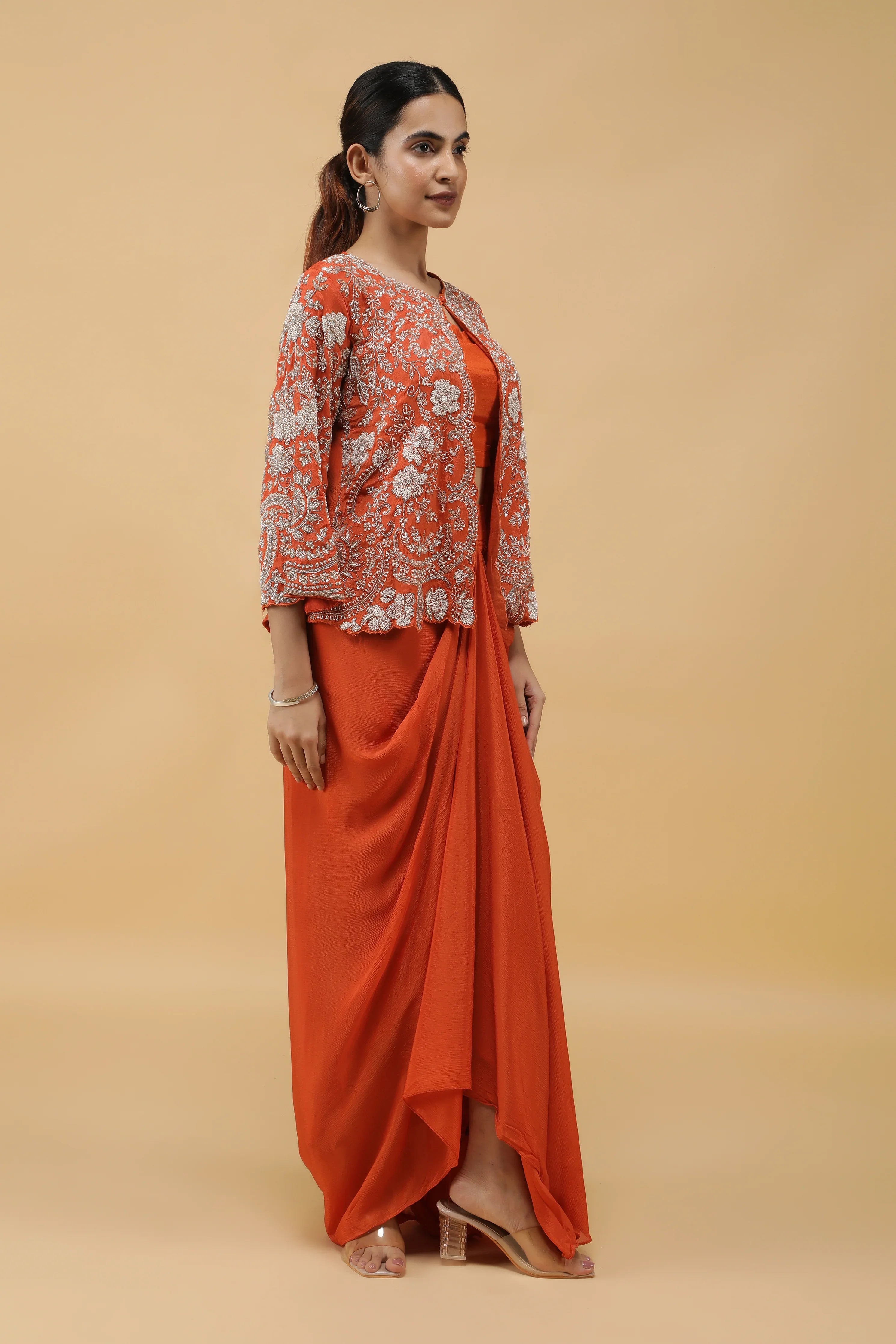 Saffron Luxe Kutdana Embroidered Crop Top, Draped Skirt & Jacket Set - Mokshaa