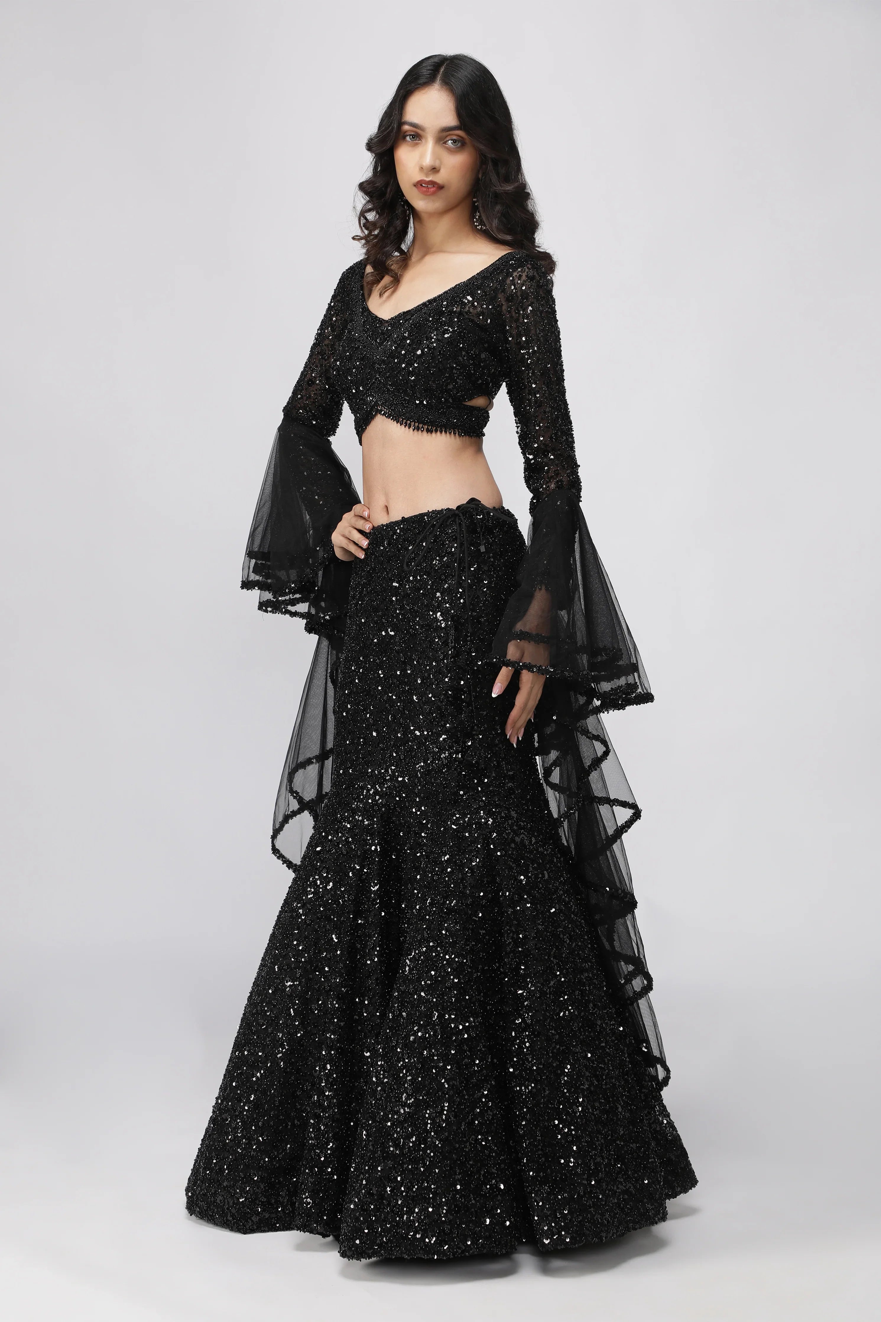 Black Net Sequin Embroidered Lehenga Set with Cape - Mokshaa