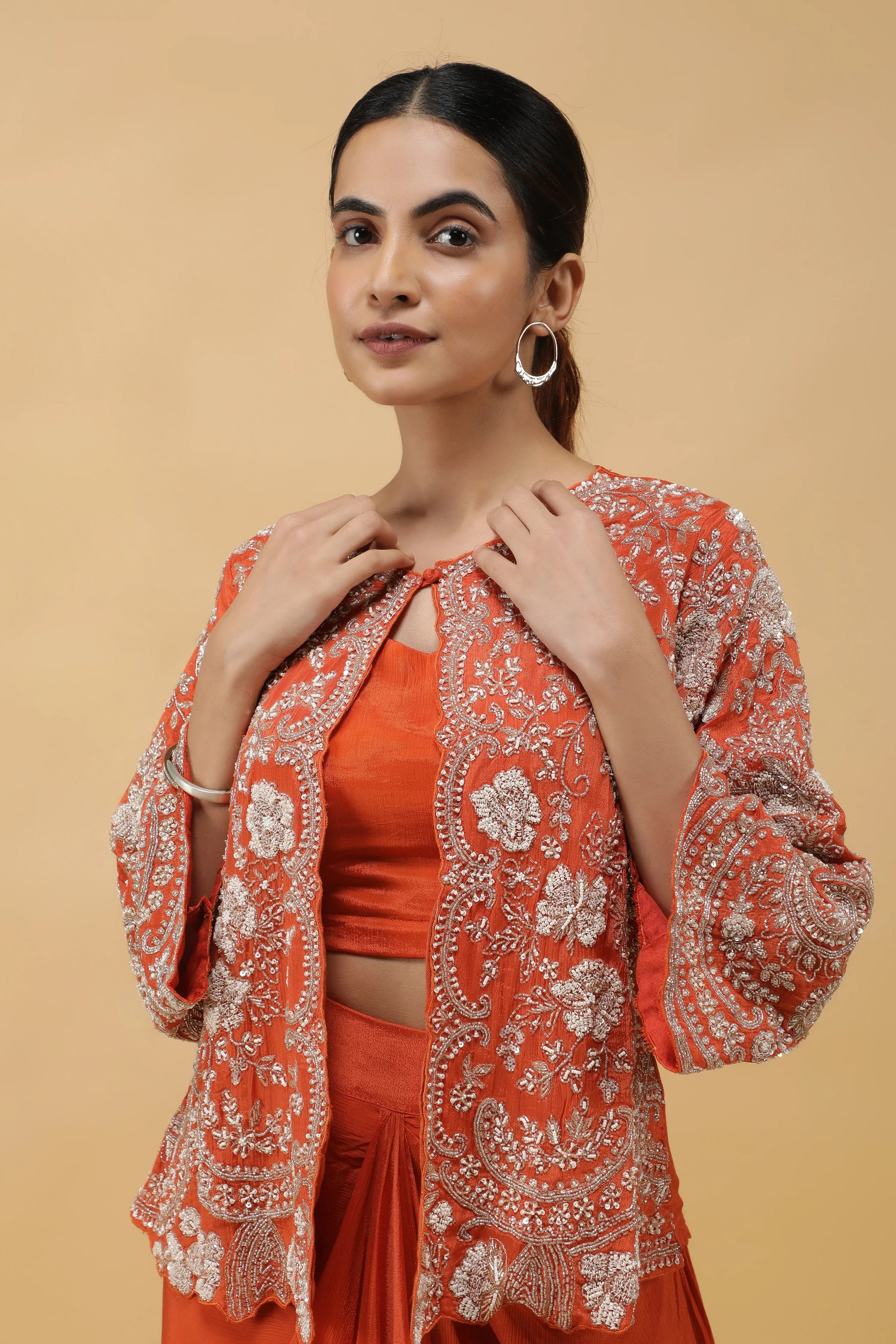Saffron Luxe Kutdana Embroidered Crop Top, Draped Skirt & Jacket Set - Mokshaa