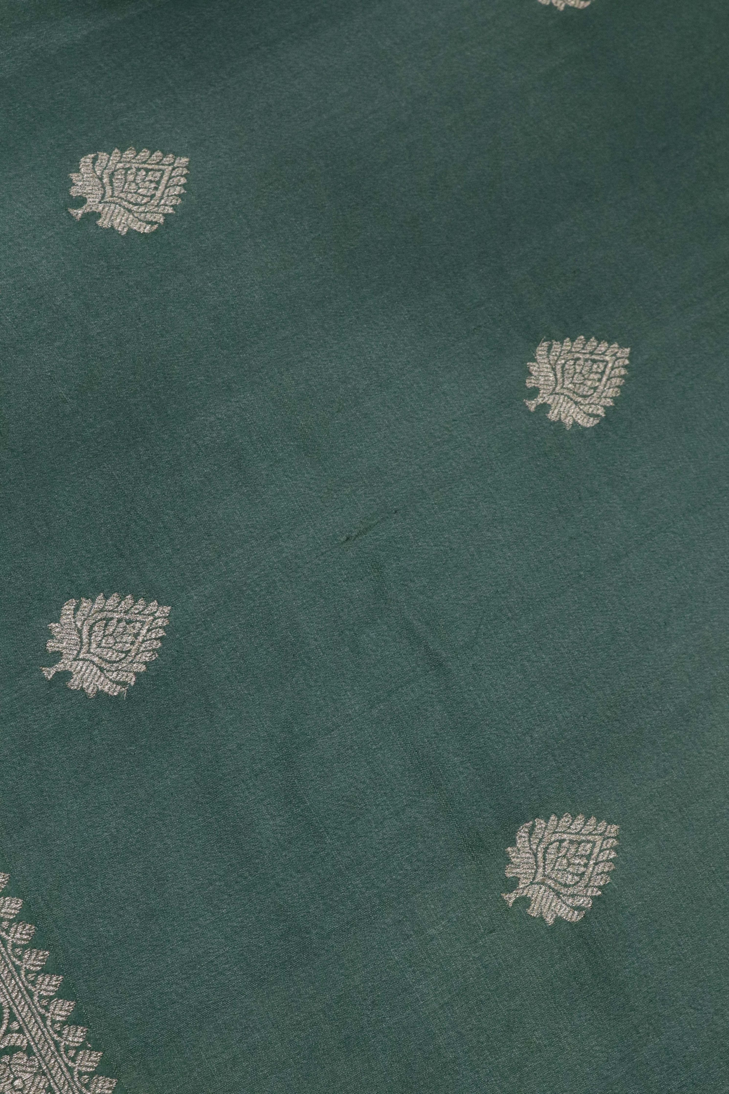 Turf Green Tussar Silk Saree with Silver Zari Motifs & Printed Border - Mokshaa