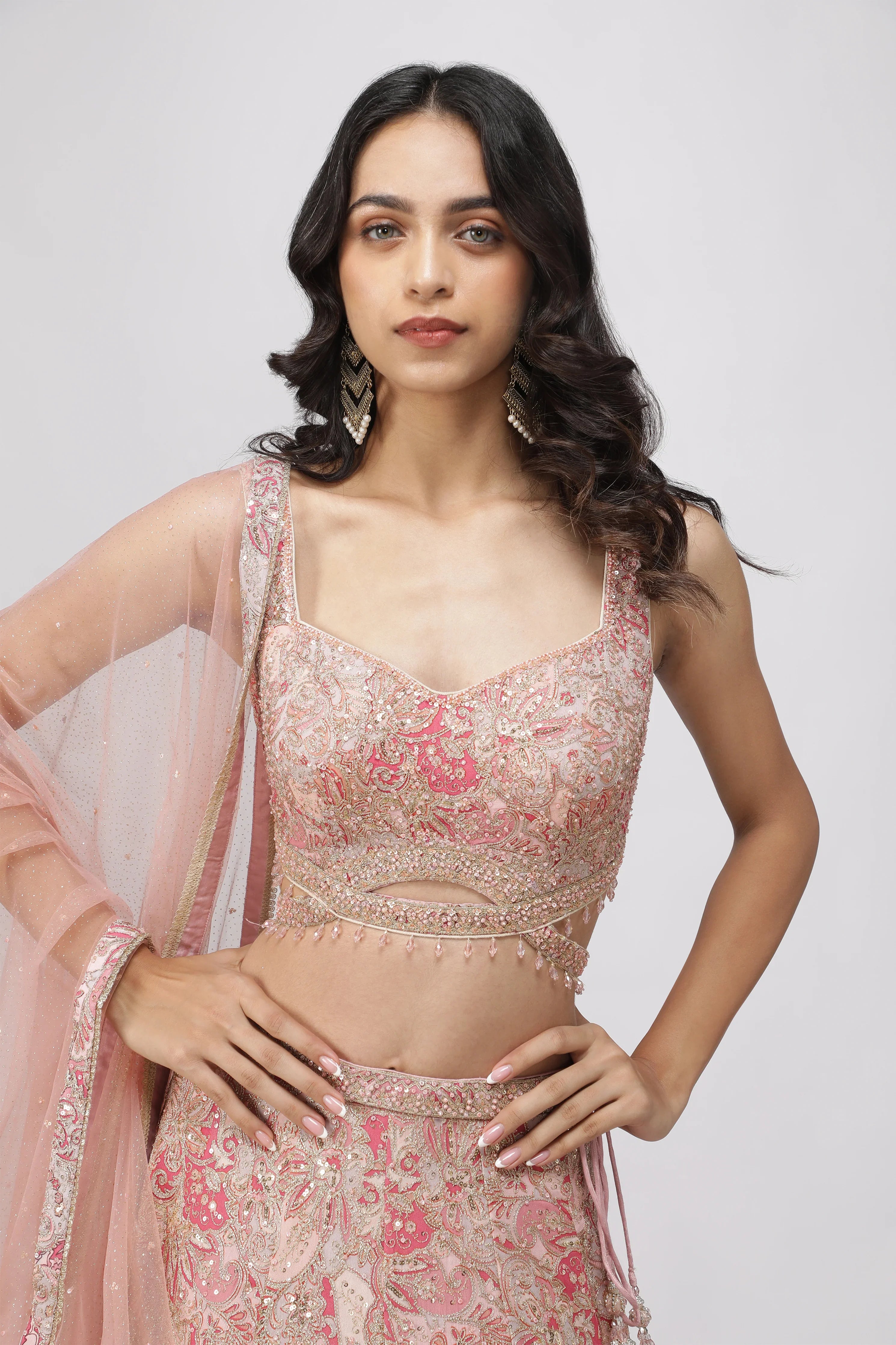 Peach Printed Georgette Lehenga Set with Net Dupatta - Mokshaa