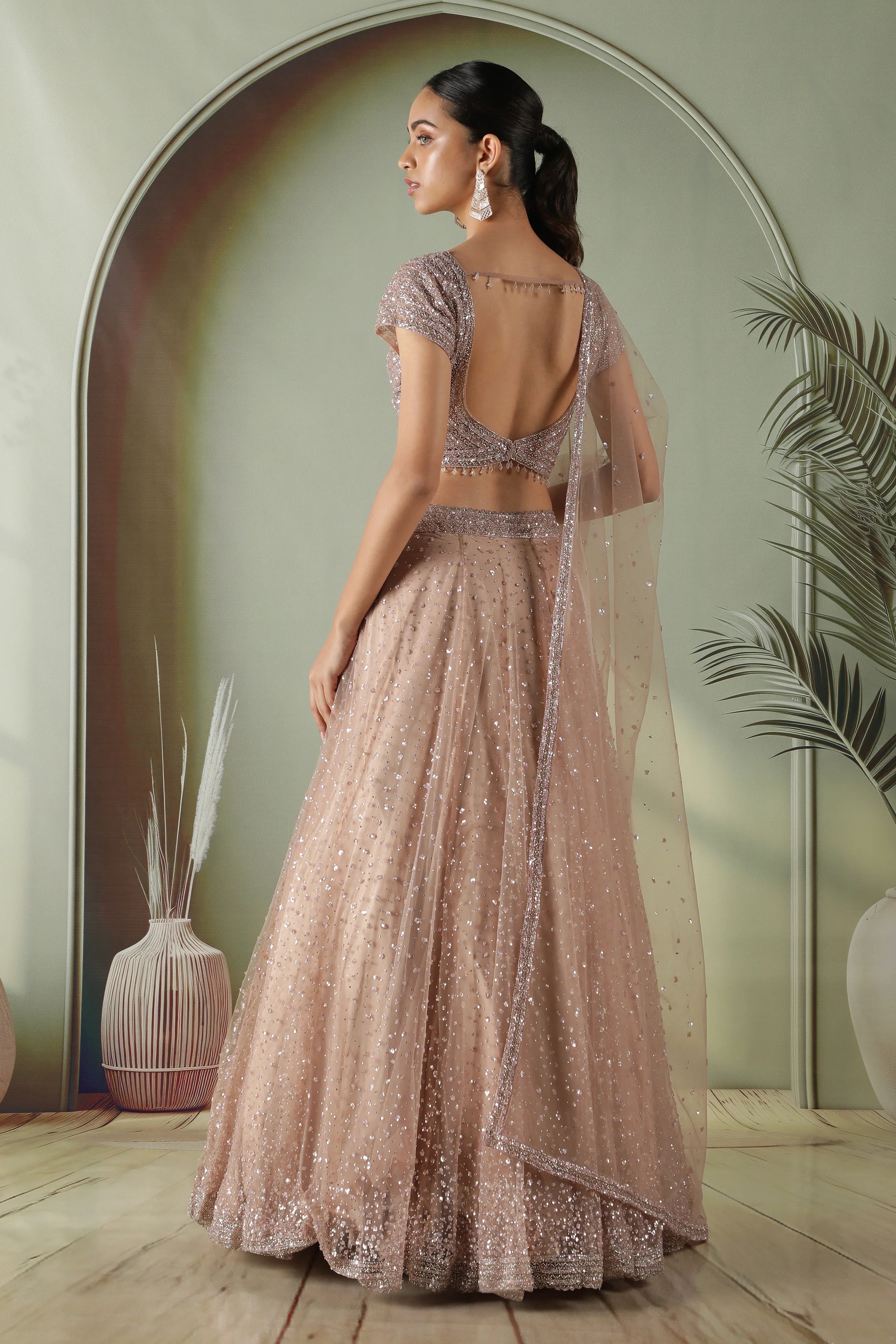 Dusty Mauve Net Lehenga Set - Mokshaa