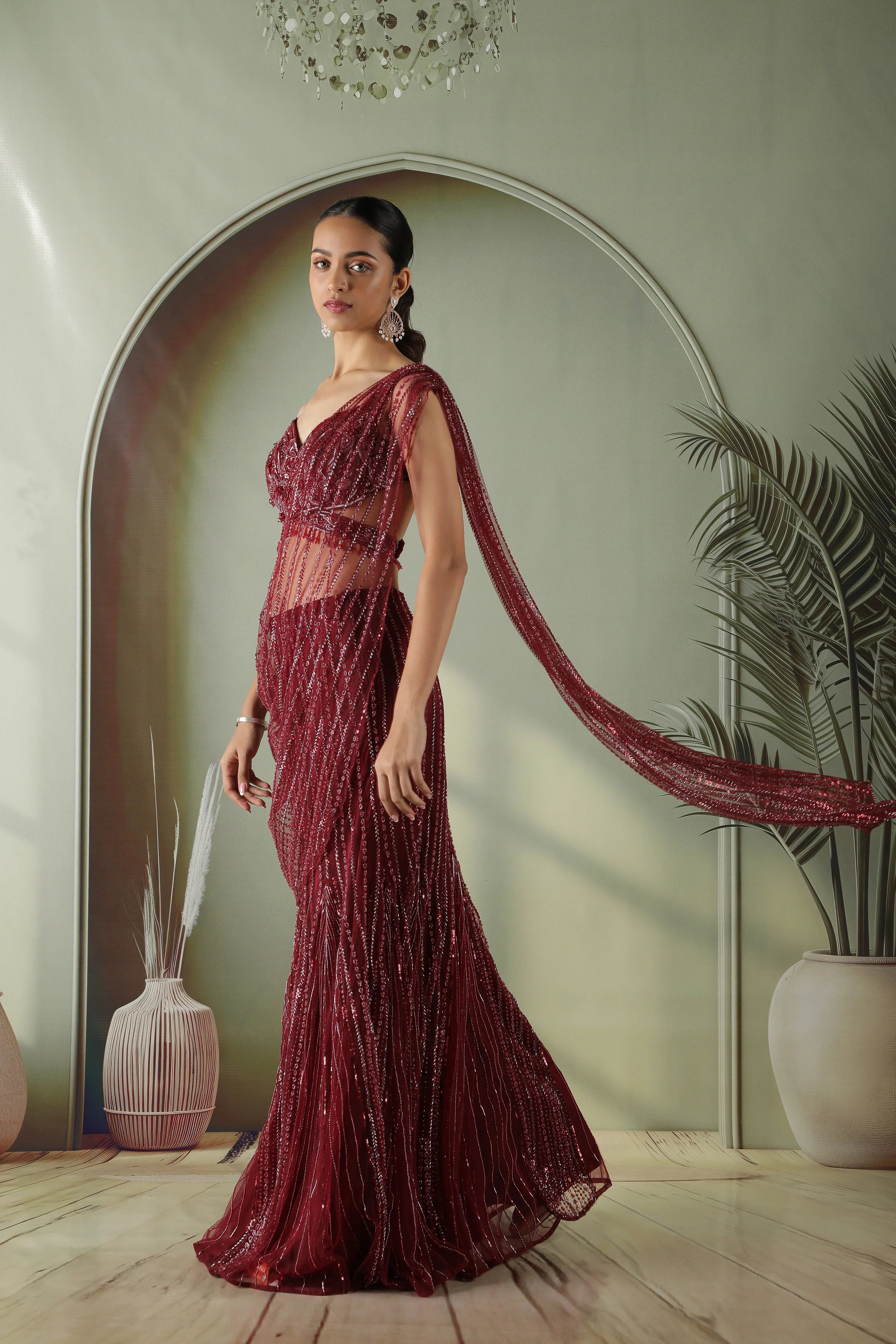 Wine Red Mermaid Cut Draped Net Skirt Set - Mokshaa