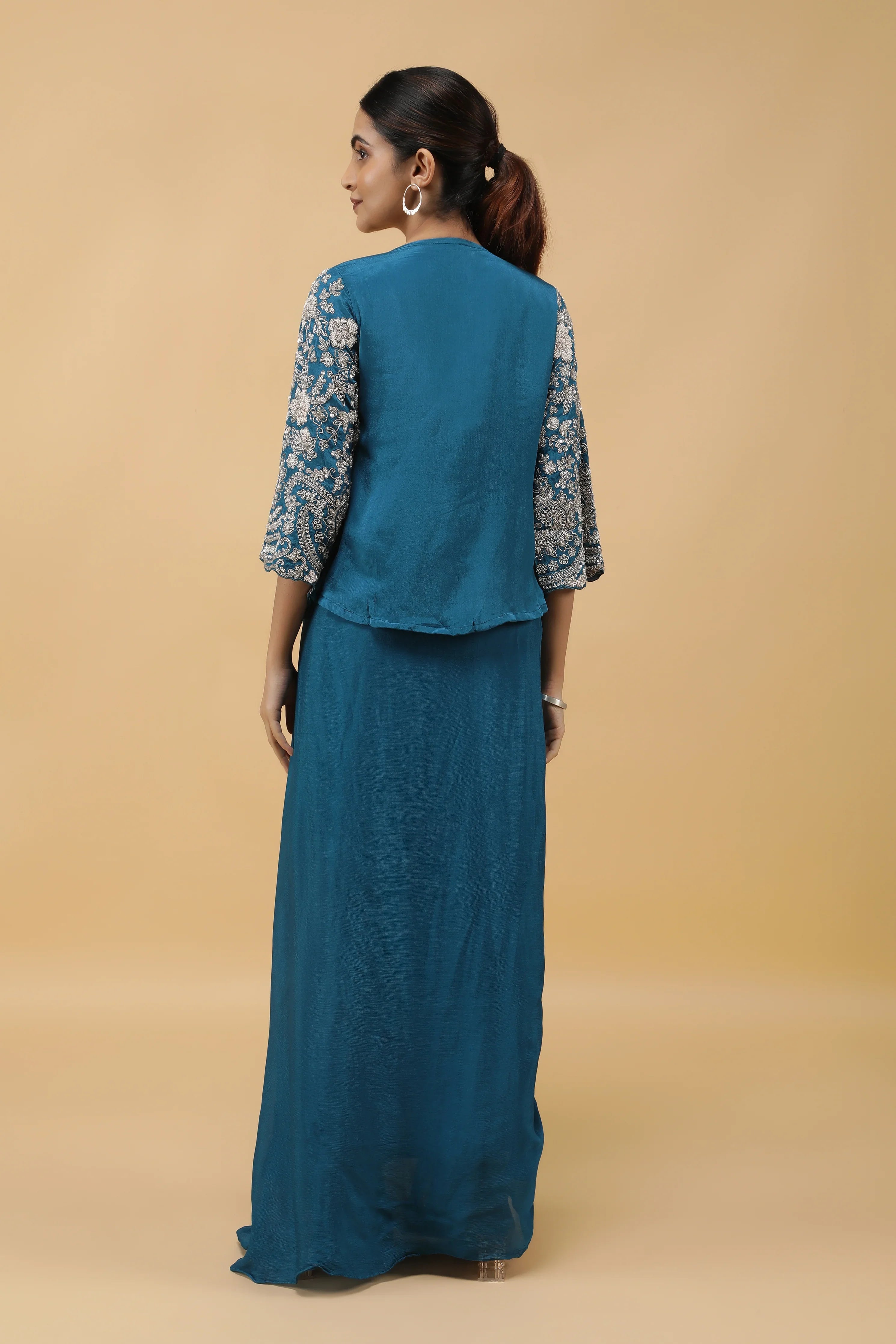 Royal Azure Kutdana Embroidered Crop Top, Draped Skirt & Jacket Set - Mokshaa