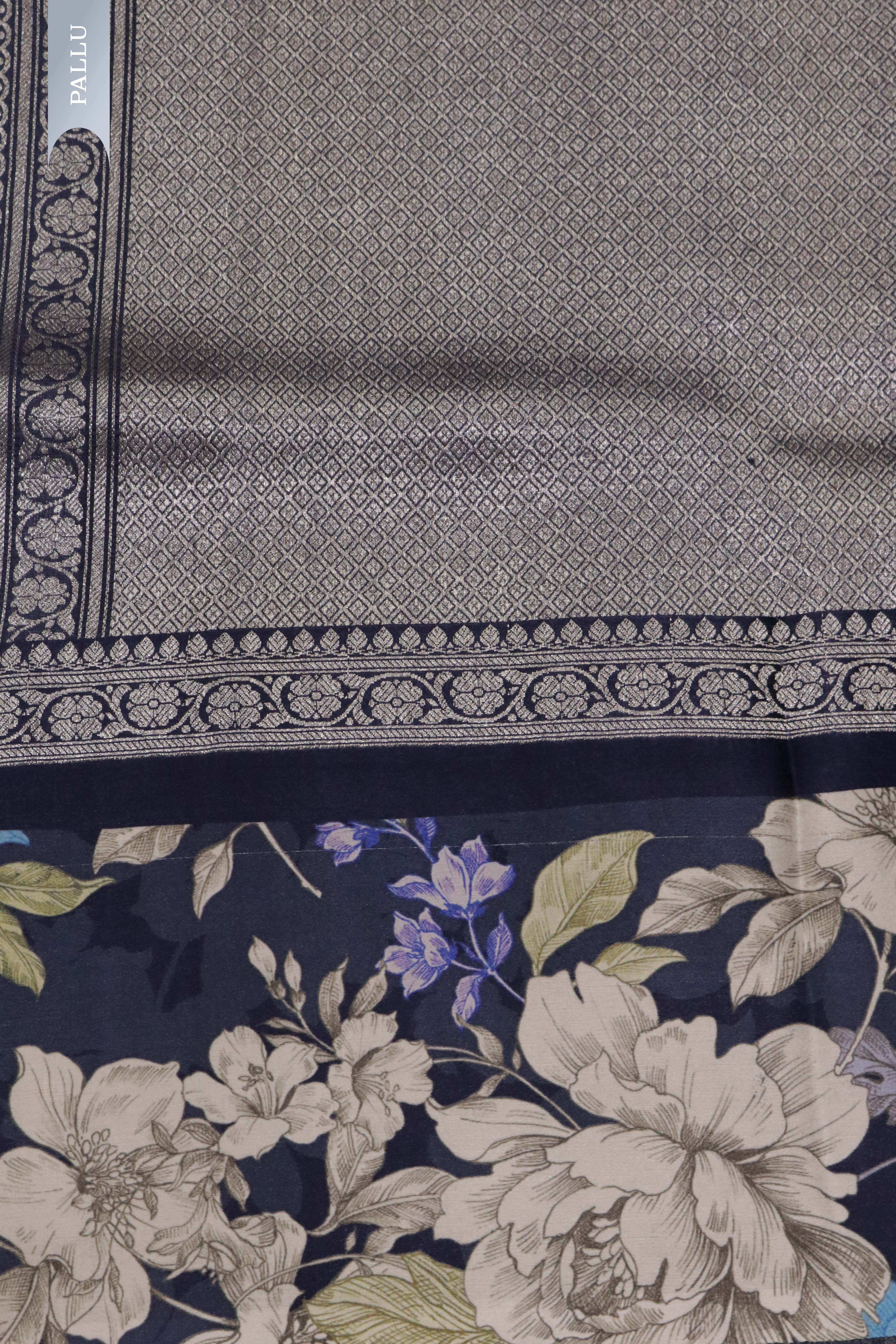 Dark Blue Tussar Silk Saree with Silver Zari Motifs & Satin Printed Border - Mokshaa