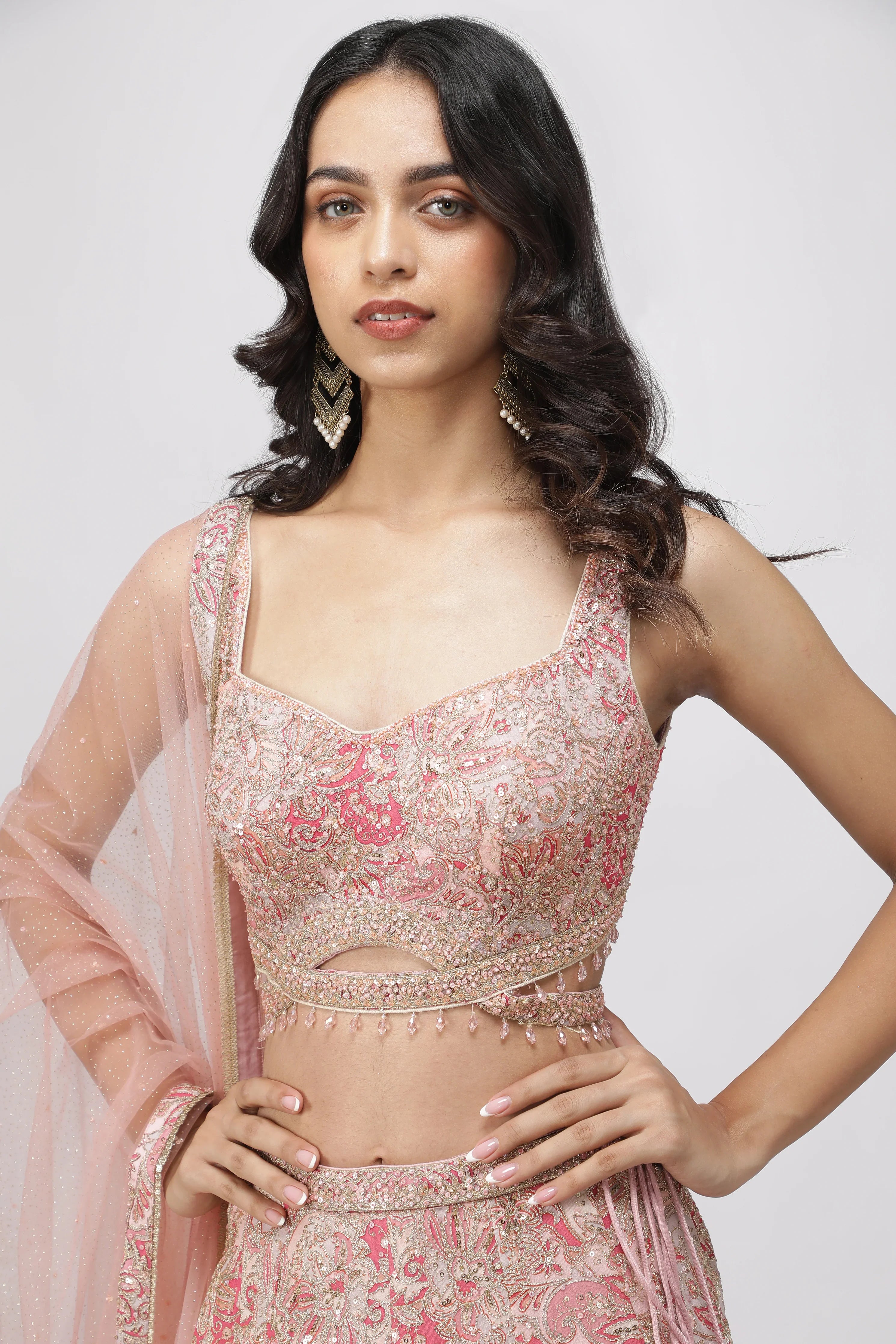 Peach Printed Georgette Lehenga Set with Net Dupatta - Mokshaa