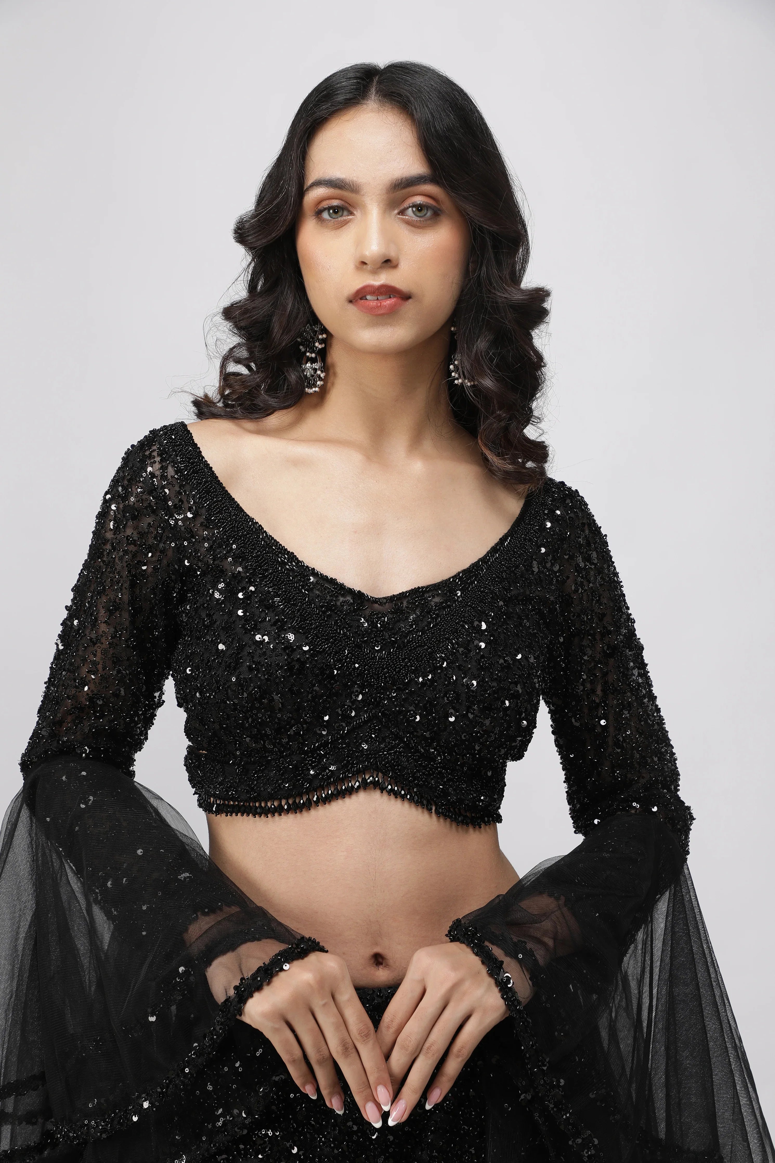 Black Net Sequin Embroidered Lehenga Set with Cape - Mokshaa
