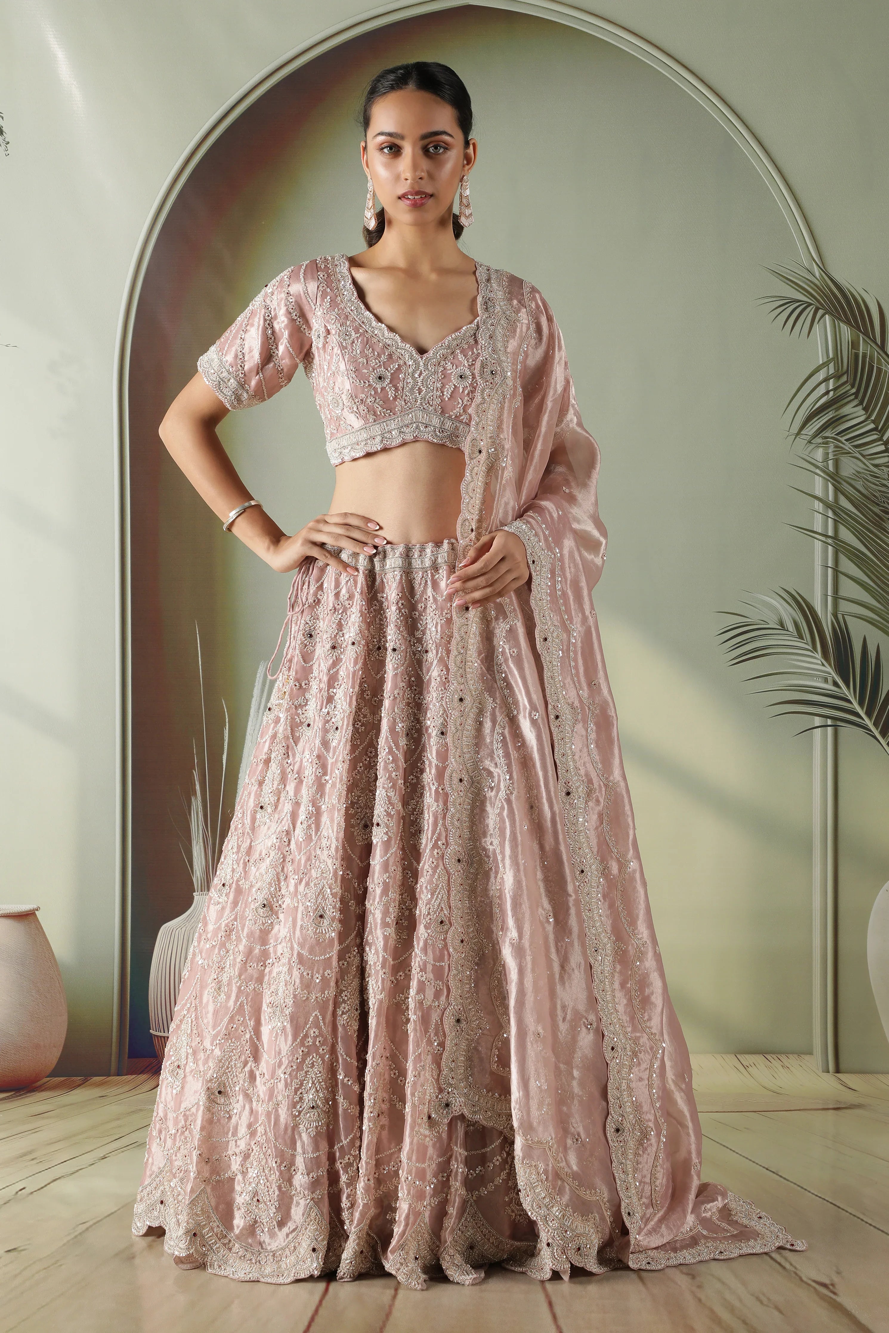 Blush Pink Tissue Organza Lehenga Set - Mokshaa