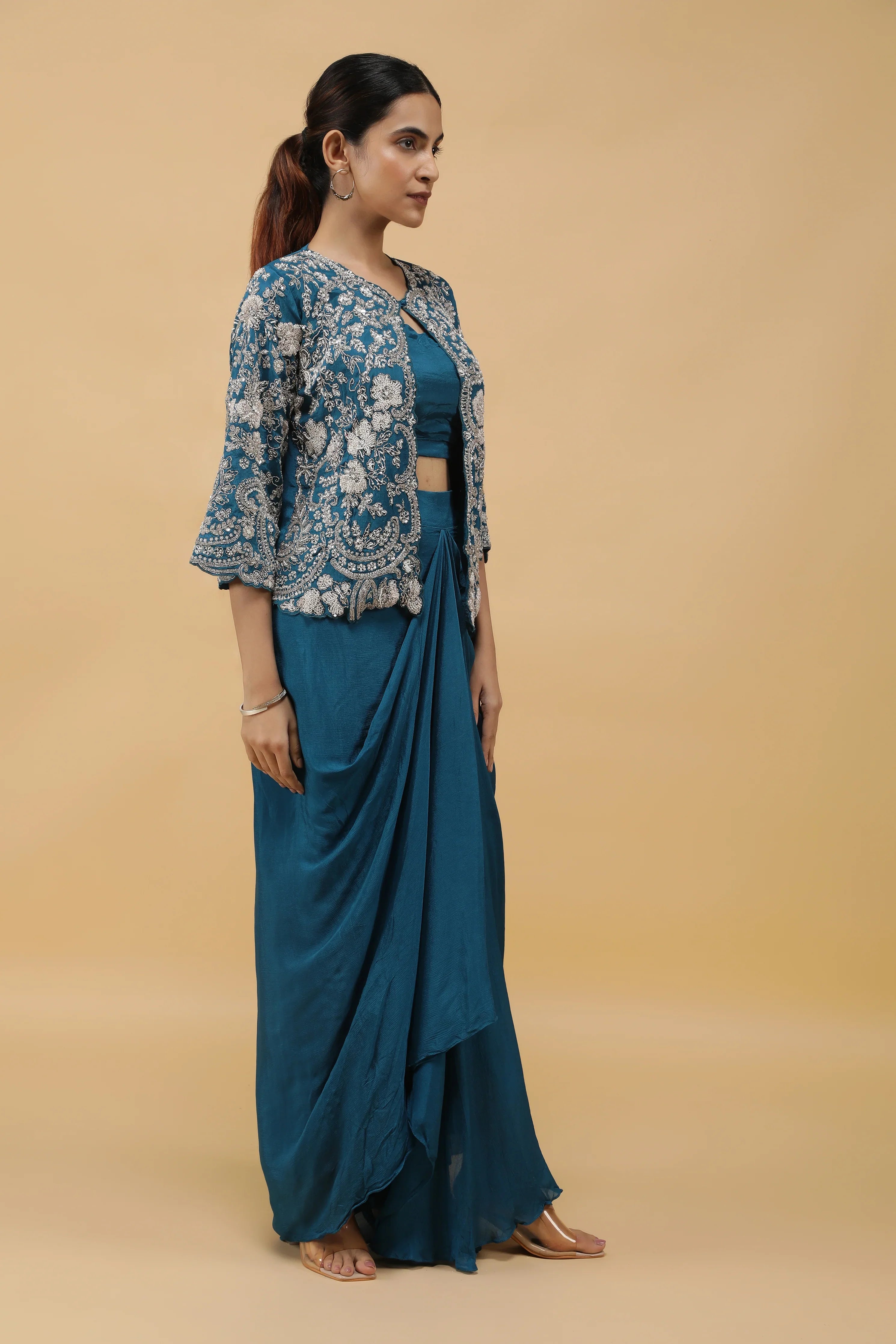 Royal Azure Kutdana Embroidered Crop Top, Draped Skirt & Jacket Set - Mokshaa
