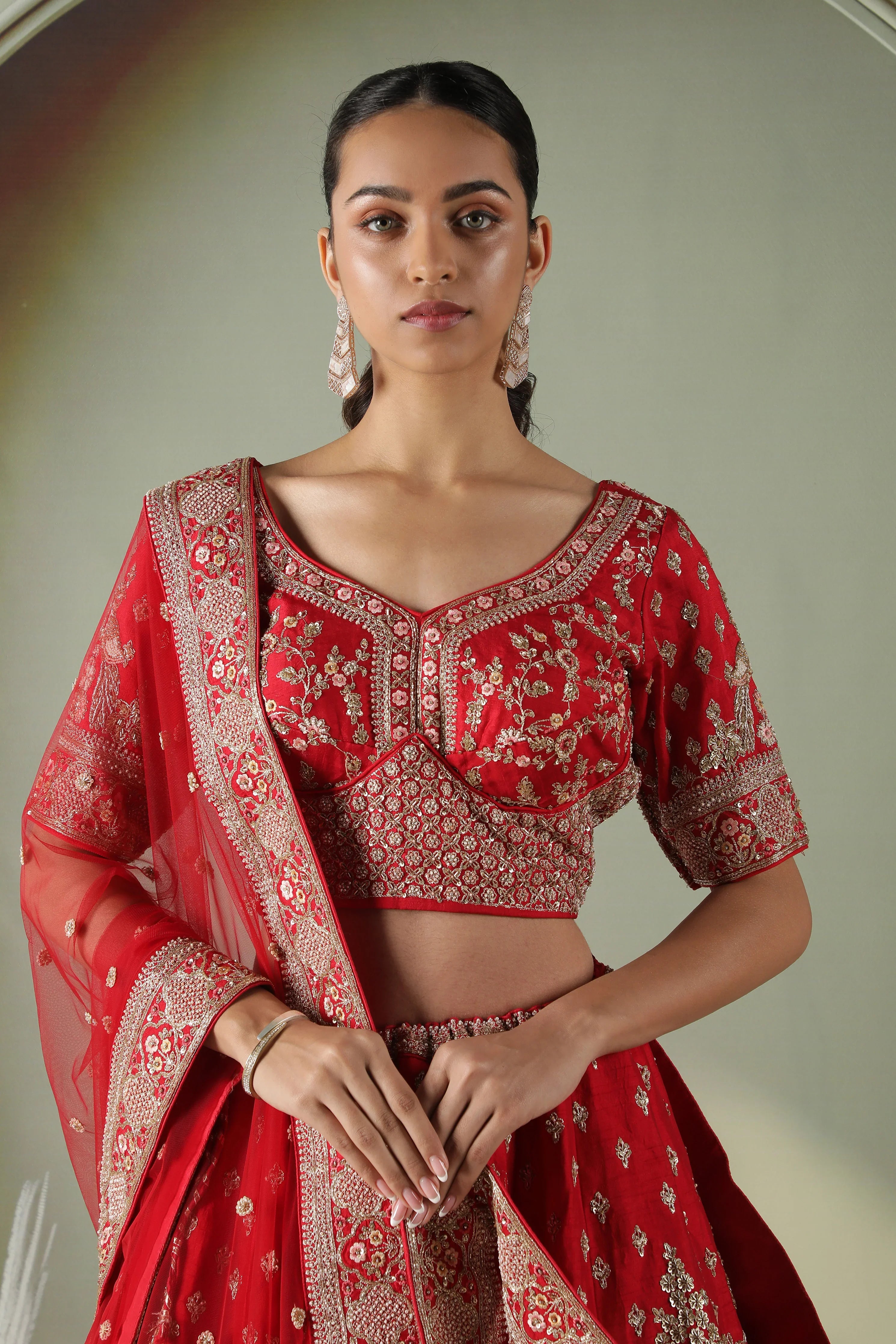 Scarlet Red Raw Silk Bridal Lehenga Set - Mokshaa