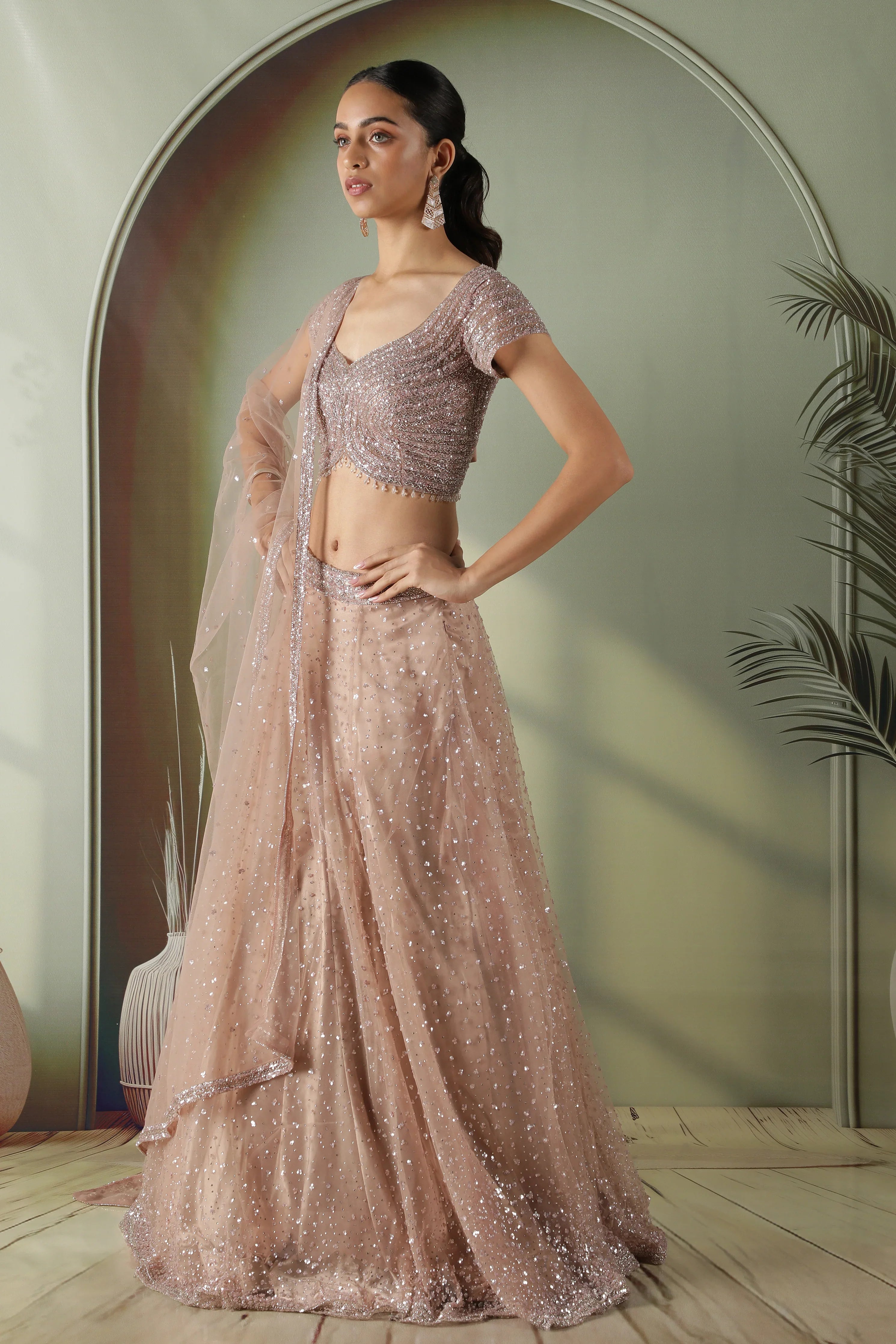 Dusty Mauve Net Lehenga Set - Mokshaa