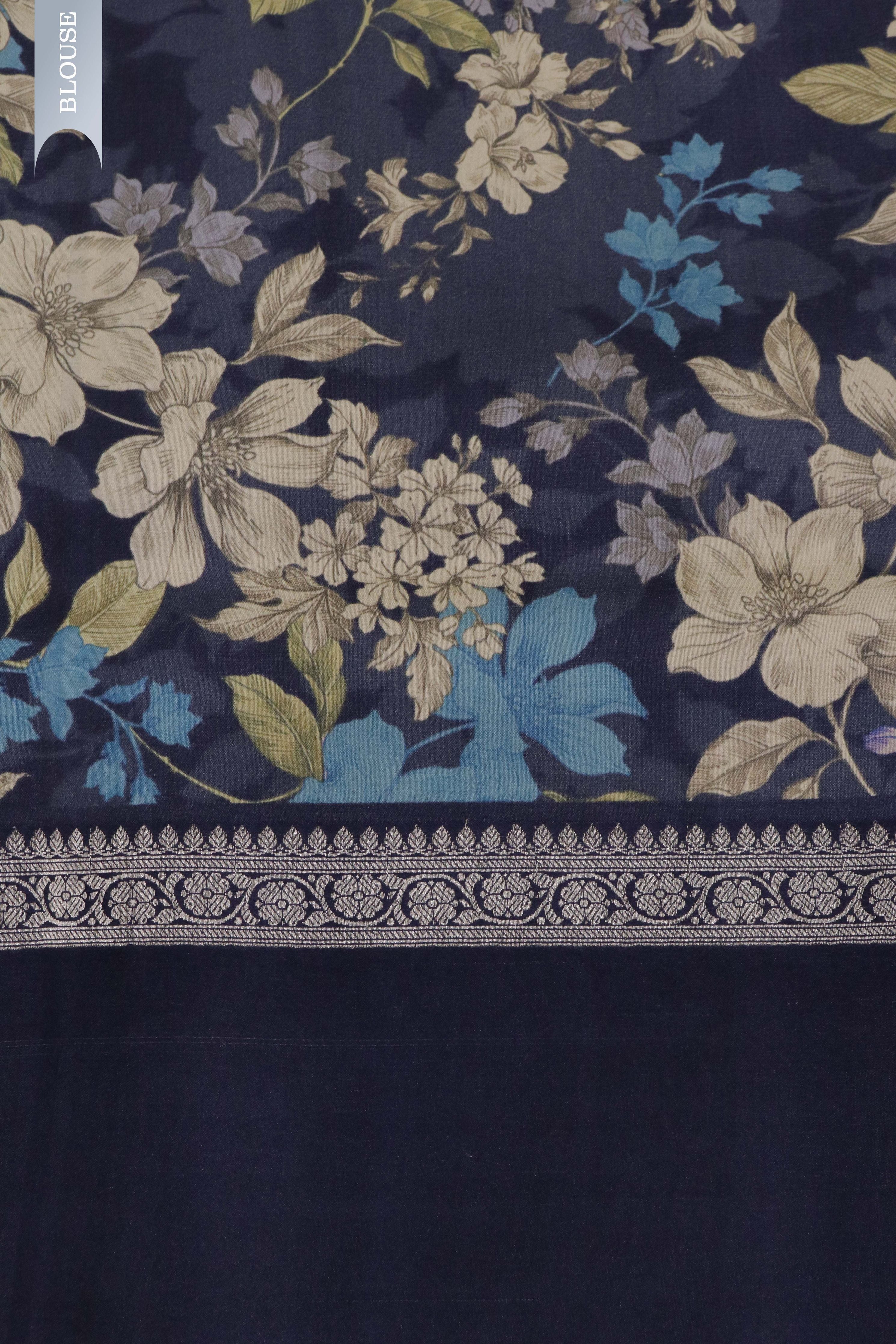 Dark Blue Tussar Silk Saree with Silver Zari Motifs & Satin Printed Border - Mokshaa