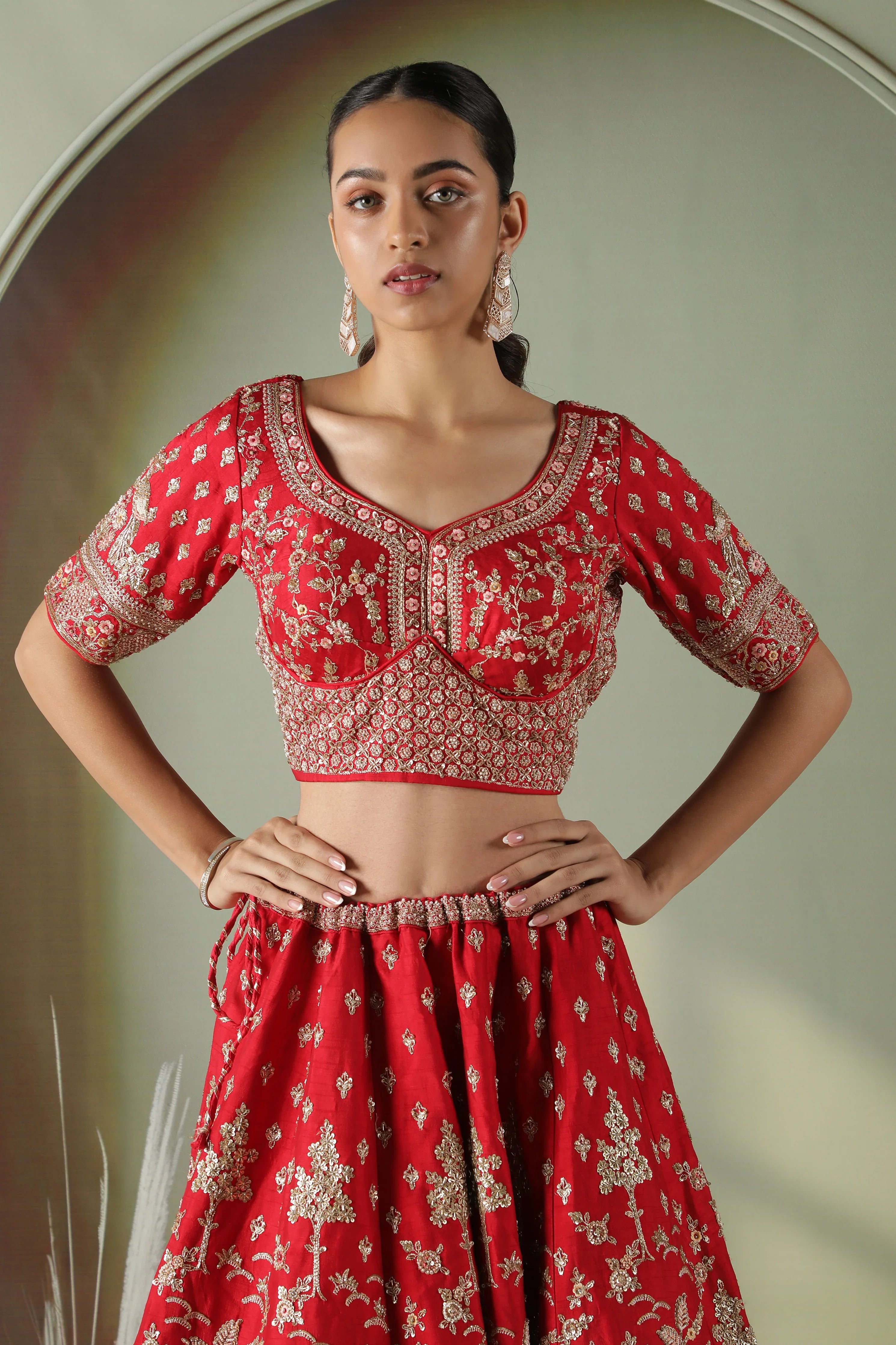 Scarlet Red Raw Silk Bridal Lehenga Set - Mokshaa