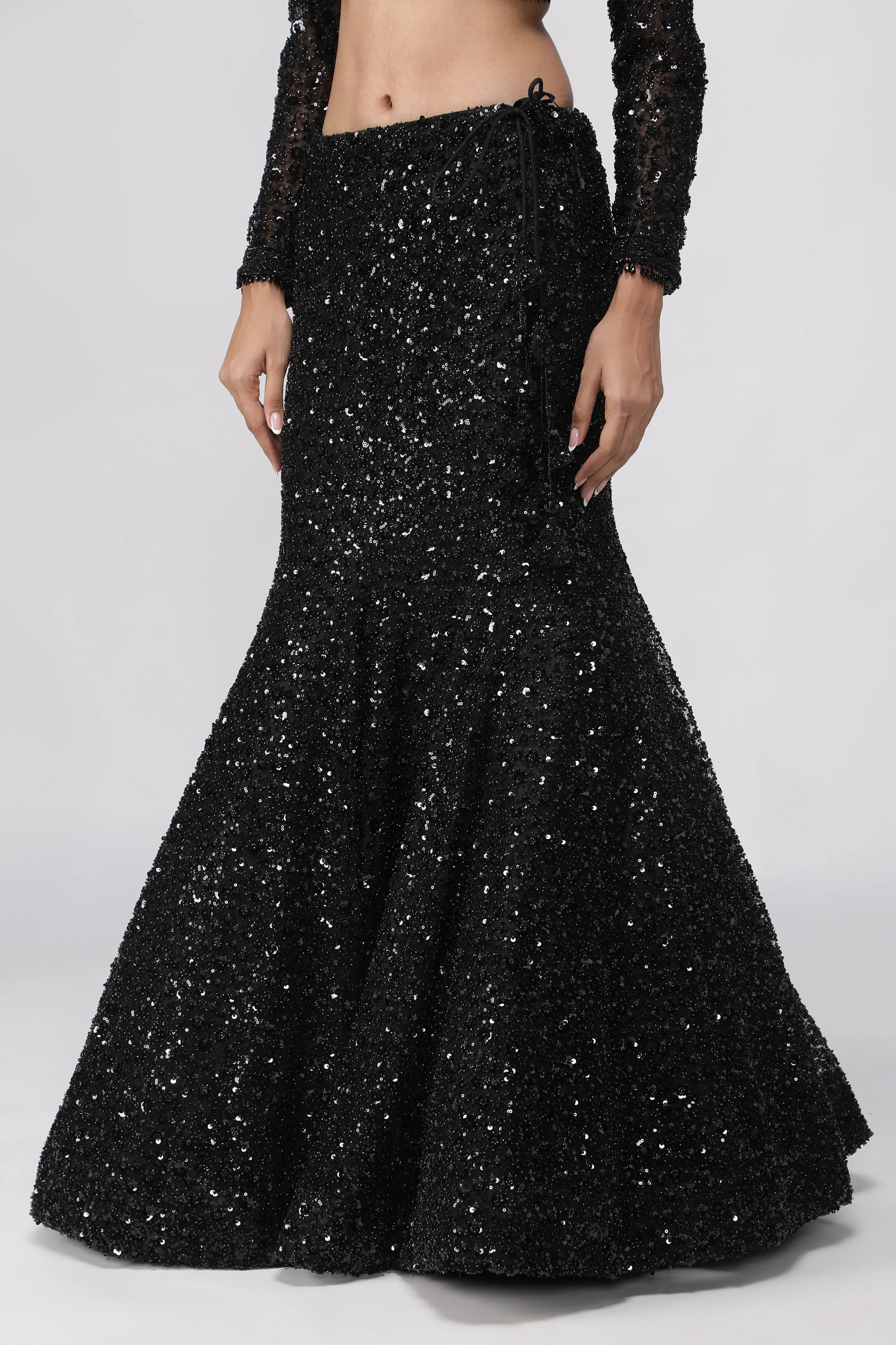 Black Net Sequin Embroidered Lehenga Set with Cape - Mokshaa
