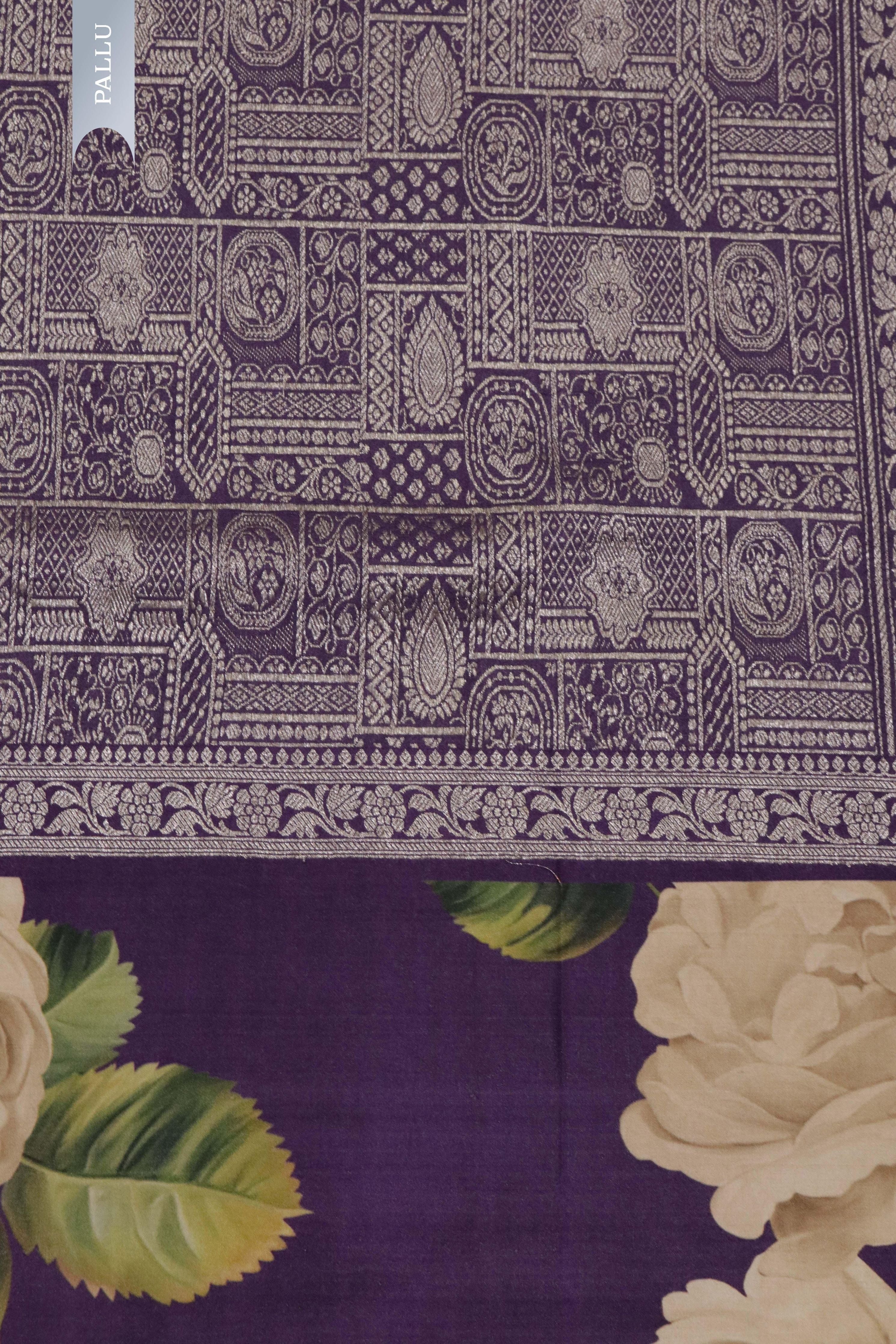 Purple Tussar Silk Saree with Silver Zari Motifs & Printed Border - Mokshaa