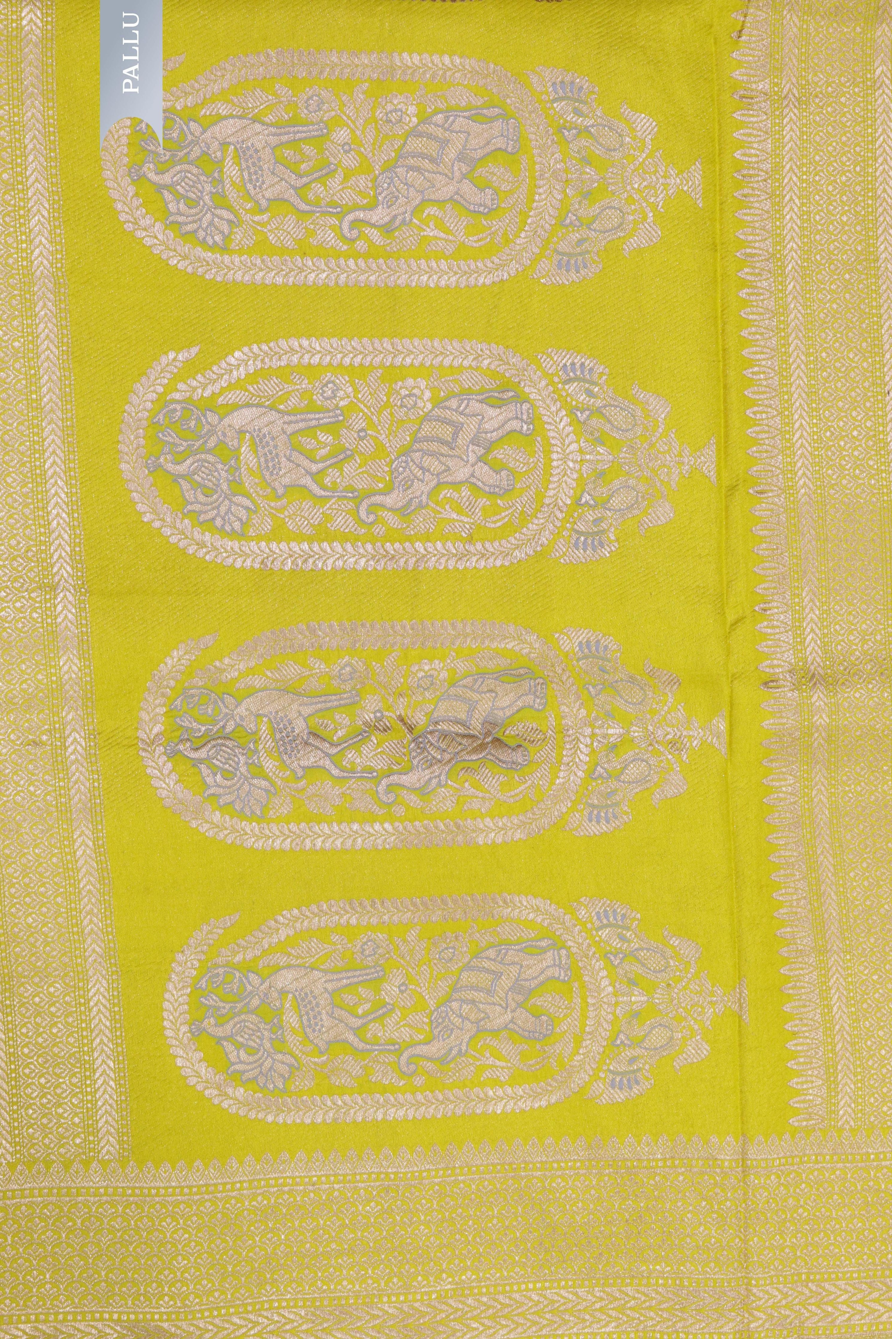 Yellow Banarasi Animal Motif Silk Saree - Mokshaa
