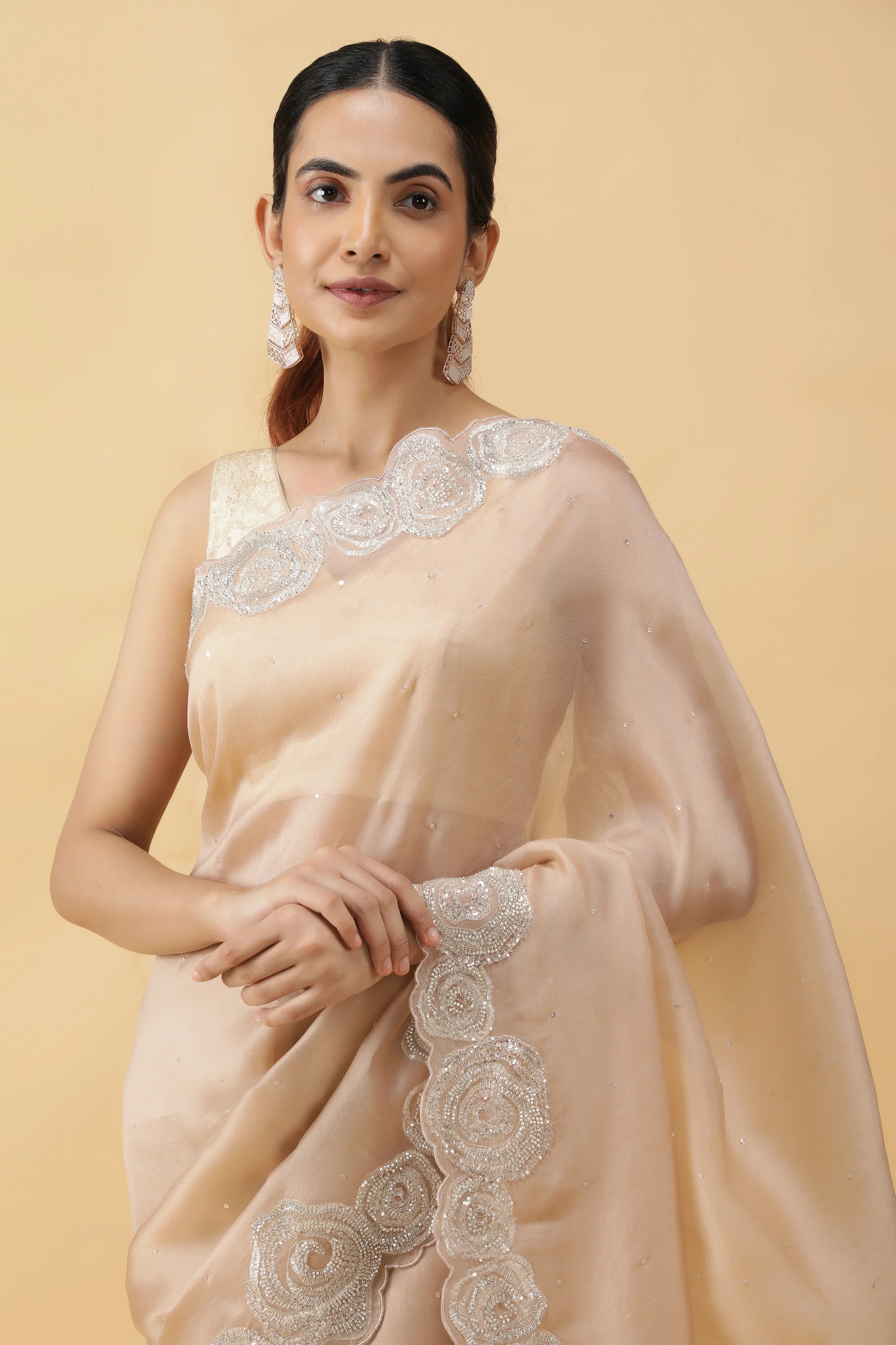 Ivory Silk Organza Saree with Sequins & Bead Border - Mokshaa