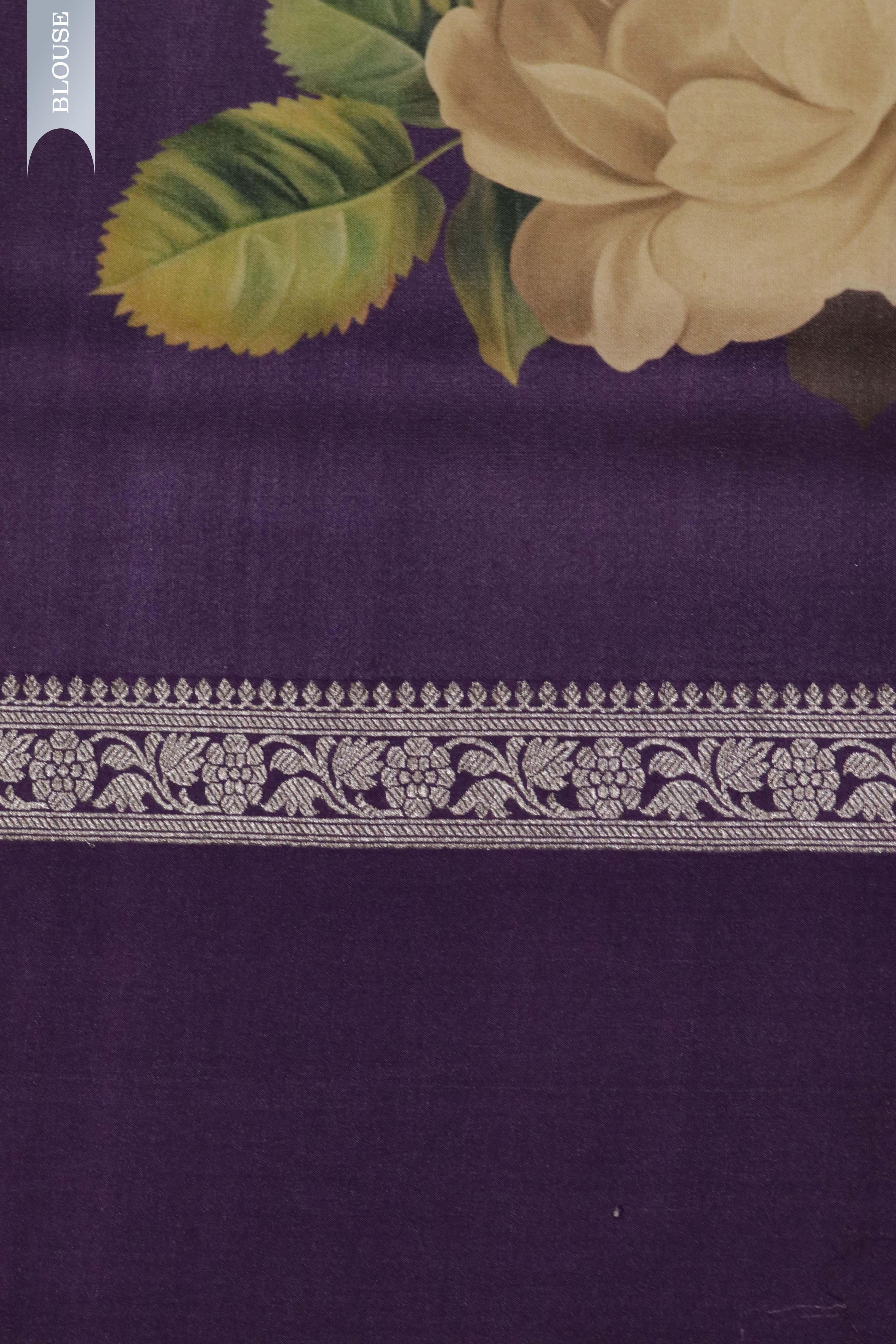 Purple Tussar Silk Saree with Silver Zari Motifs & Printed Border - Mokshaa