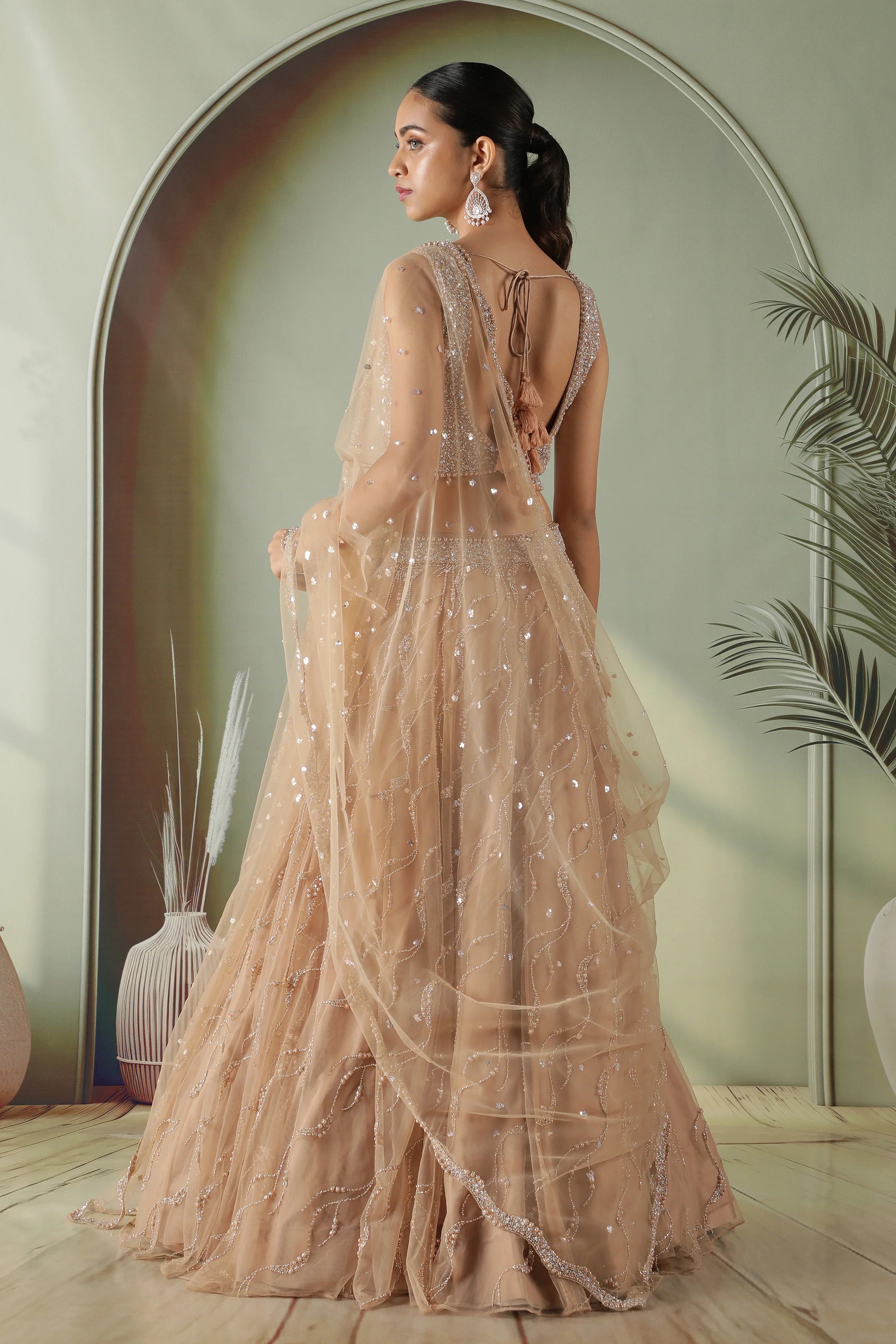 Nude Gold Sequin Embellished Net Lehenga Set - Mokshaa