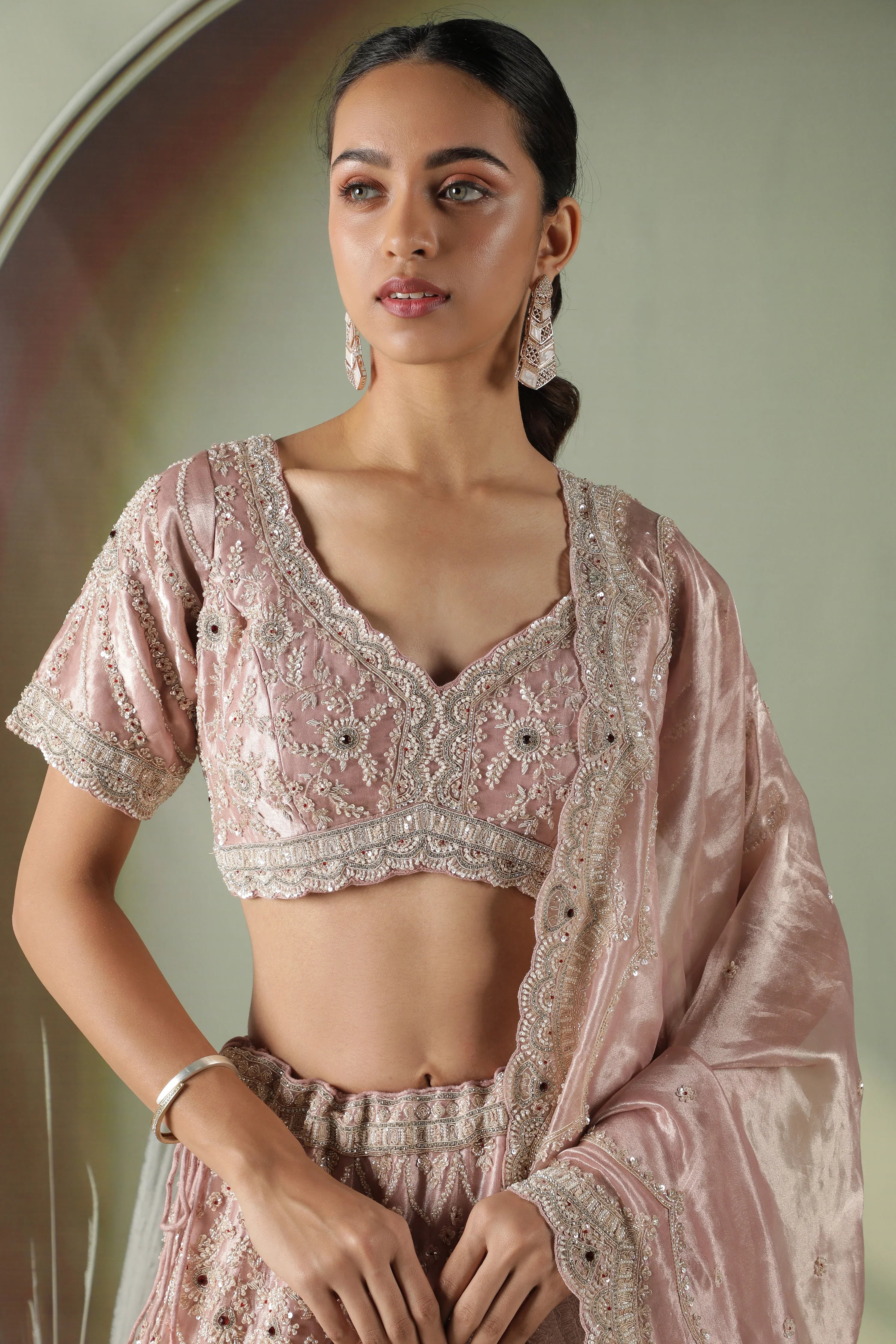 Blush Pink Tissue Organza Lehenga Set - Mokshaa